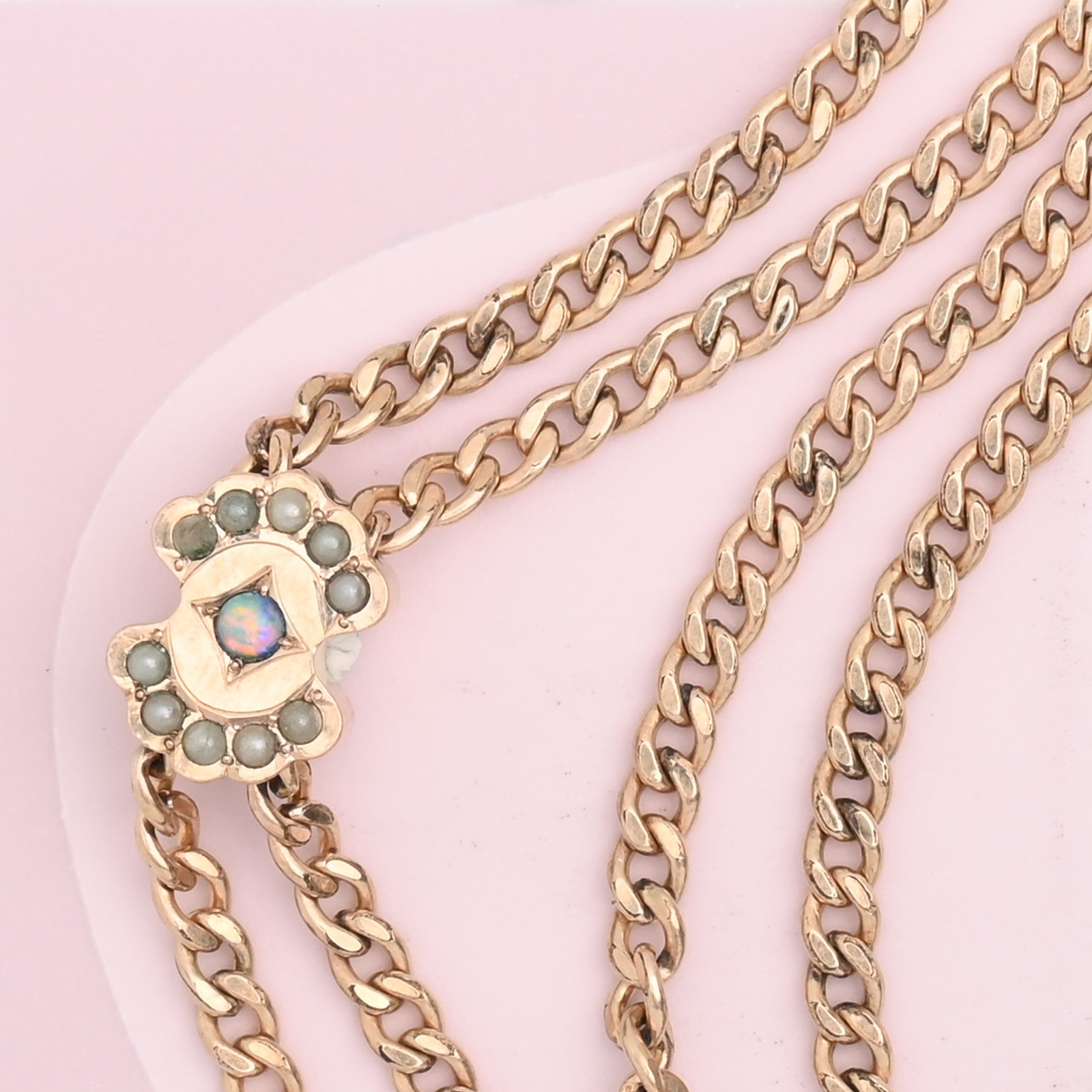 Antique Victorian Starburst Opal Gold Filled Slide Charm Curb Chain Necklace