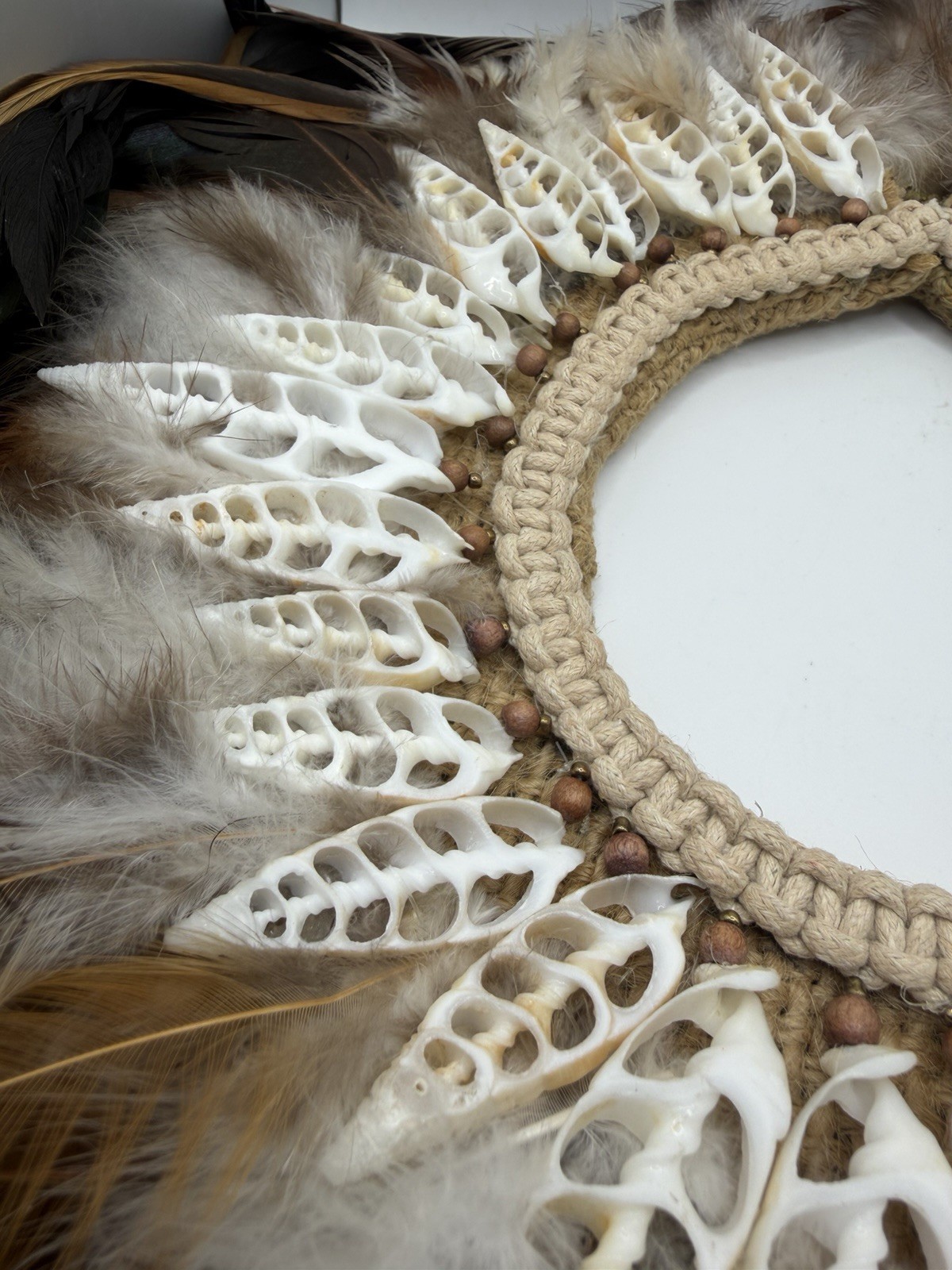 Vtg Statement Woven Collar Necklace Shell Feathers Beaded Native Jute Tribal 13”