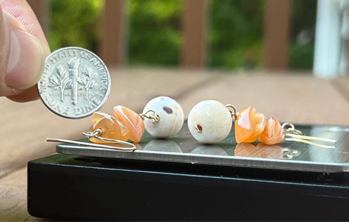 14K GF 🍊 Orange Cream Marble Dangle Gemstone Vintage Gold Filled Earrings