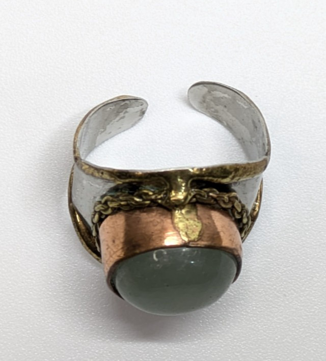 VTG Brass Copper Silver Tone Green Nephrite Statement Ring Sz 7 Adjustable Boho