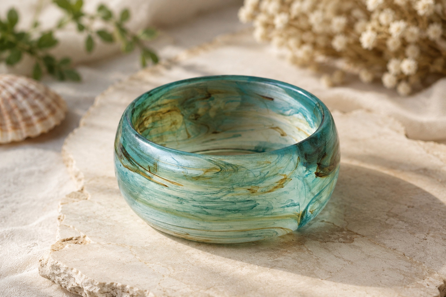 Vintage Green Brown Marbled Lucite Bangle Bracelet Wide Chunky Statement 8 In