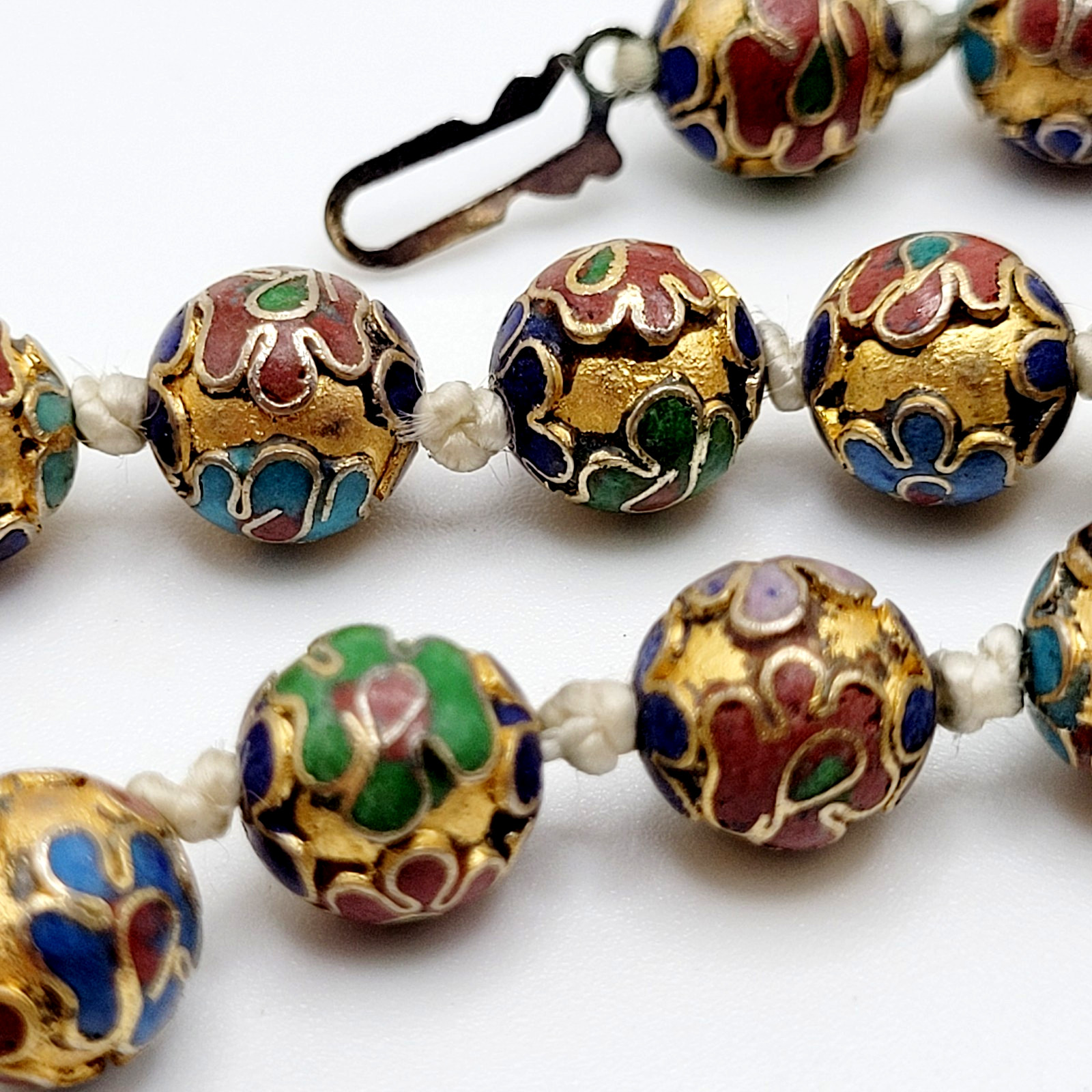 Chinese Cloisonné Floral Bead Hand Knot Circa 1930s Beaded Necklace 23 Inch
