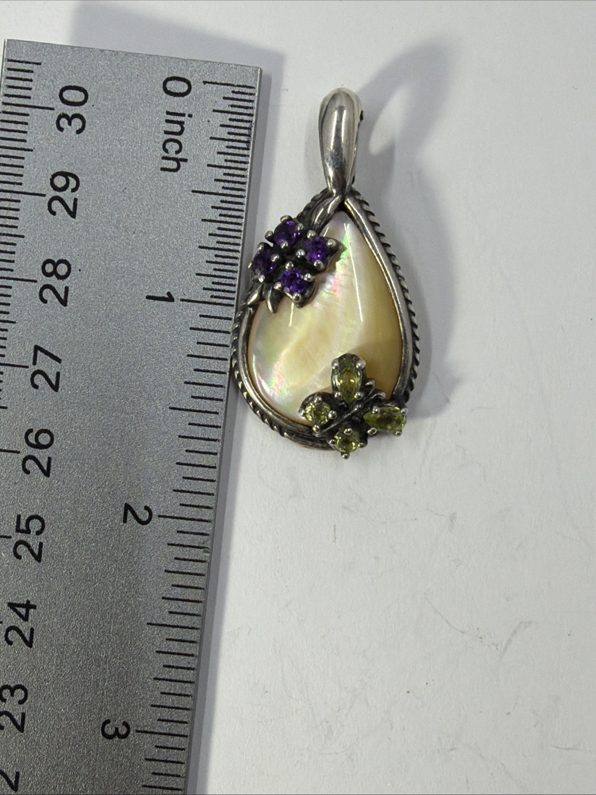 Vtg Carolyn Pollack Relios Mother Pearl Multi stone Flower Butterfly Pendant 925