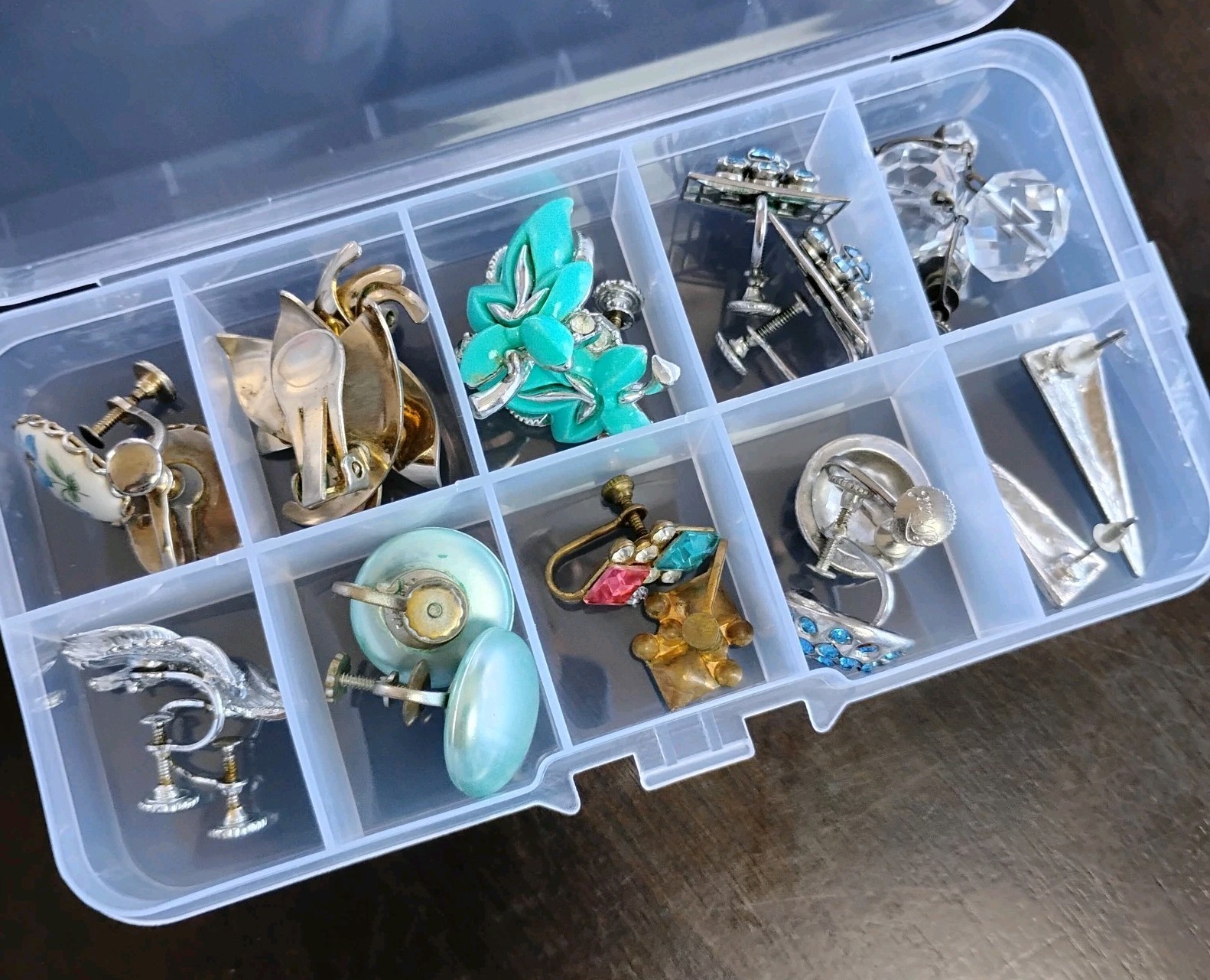 10 Vintage MCM Earrings W/Case Signed Glass Antique #10