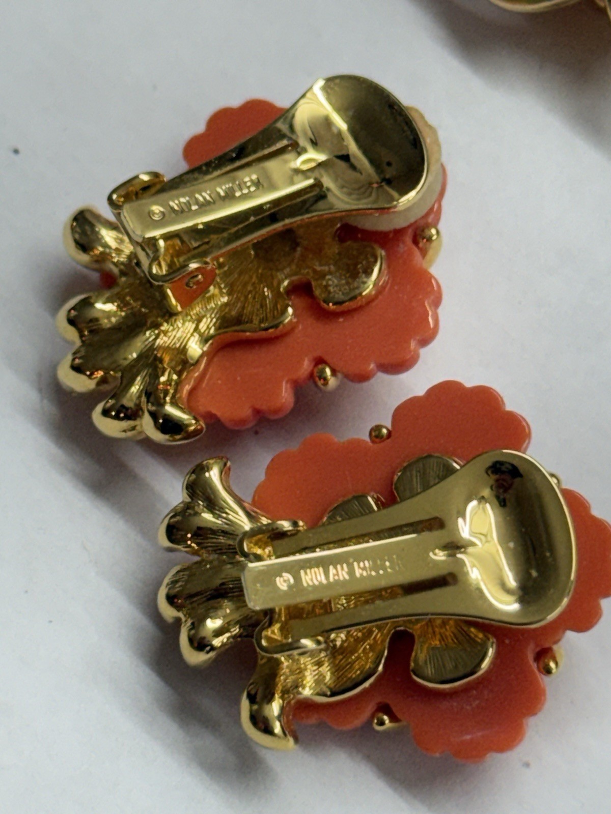 Vintage Nolan Miller Flower Brooch Pin Coral Gold Tone Rhinestone Signed