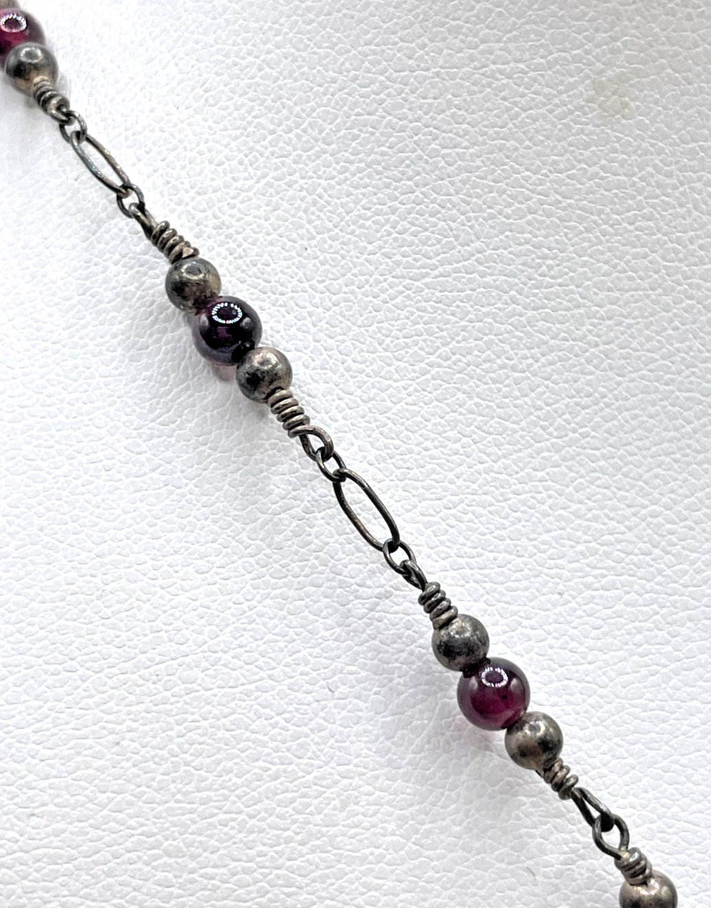 VTG Garnet & Amethyst cabochon Sterling Silver pendant bead chain necklace 12g