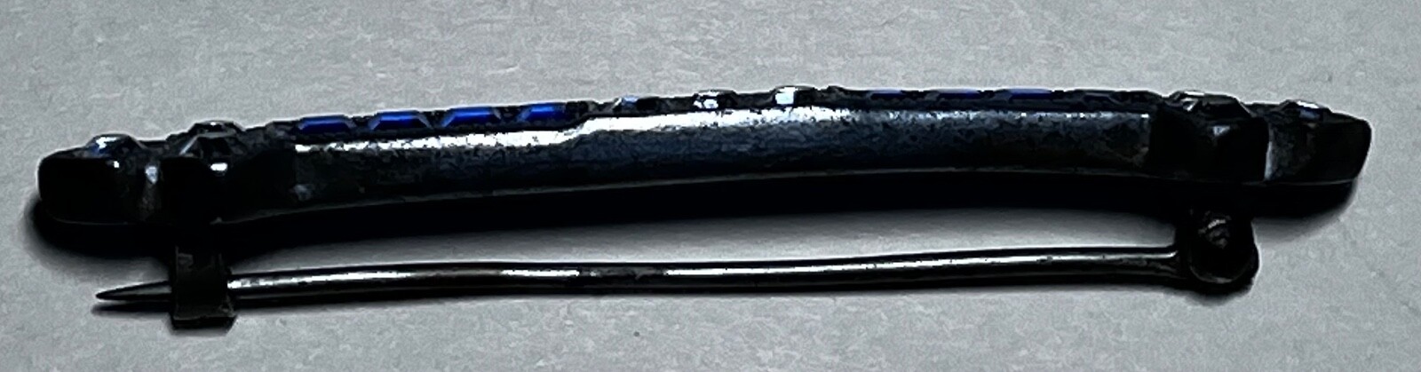 ANTIQUE SILVERITE HWF & SON BAR PIN WITH CLEAR RHINESTONES & SAPPHIRE BLUE GLASS