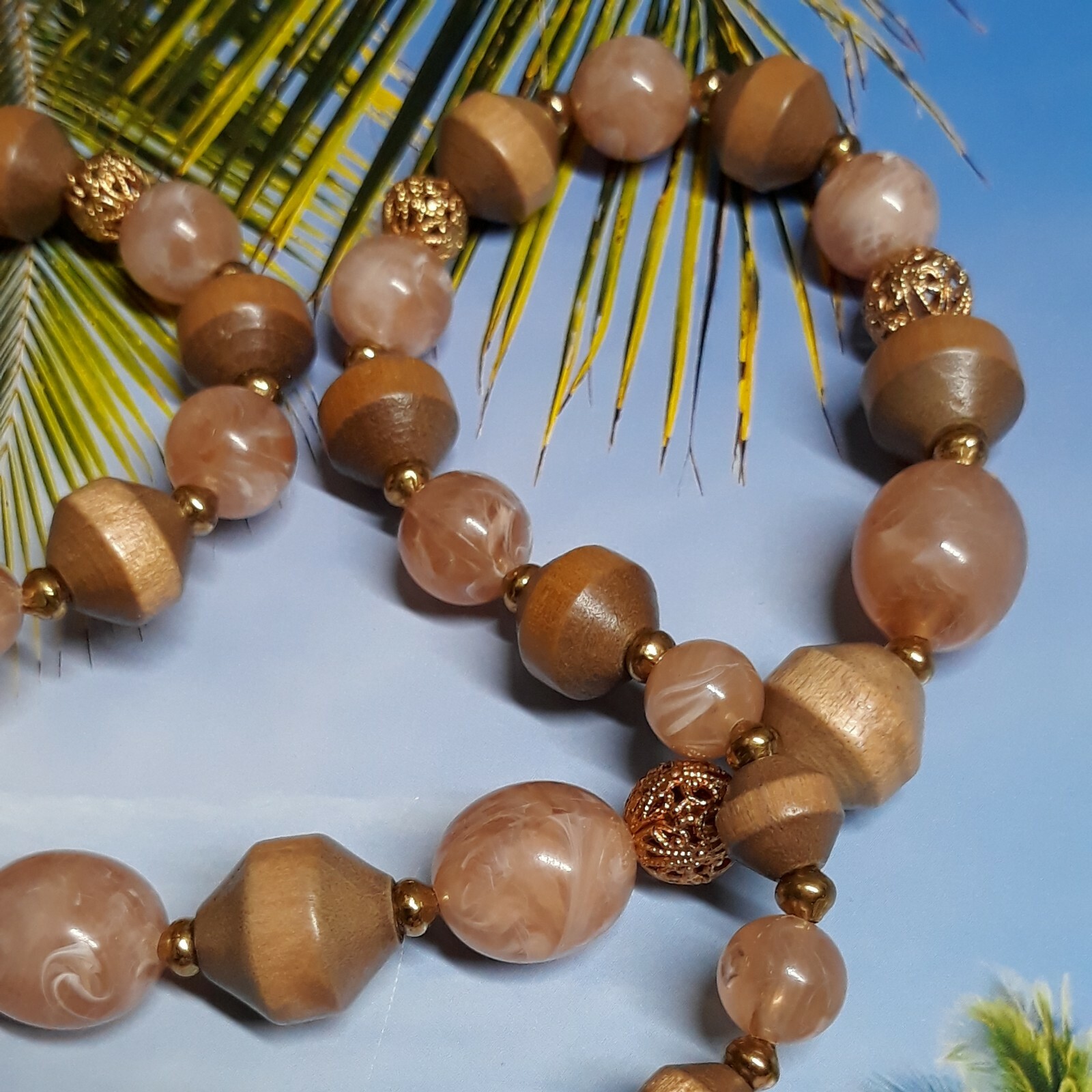Peach and Tan Wood and Lucite Bead Necklace with Gold Tone Filigree Accent Beads