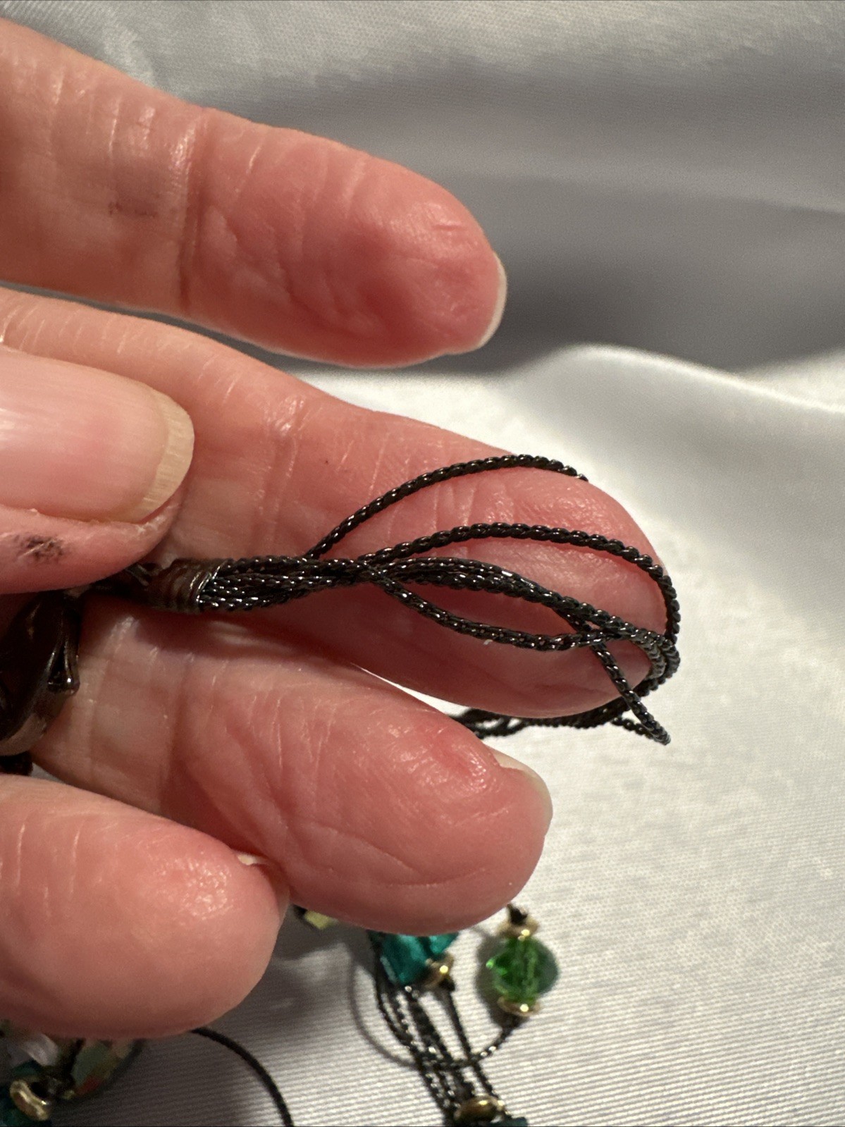 5 Strand Necklace Green Acrylic Glass Beads Black Wire Like Chain 11″ Faceted