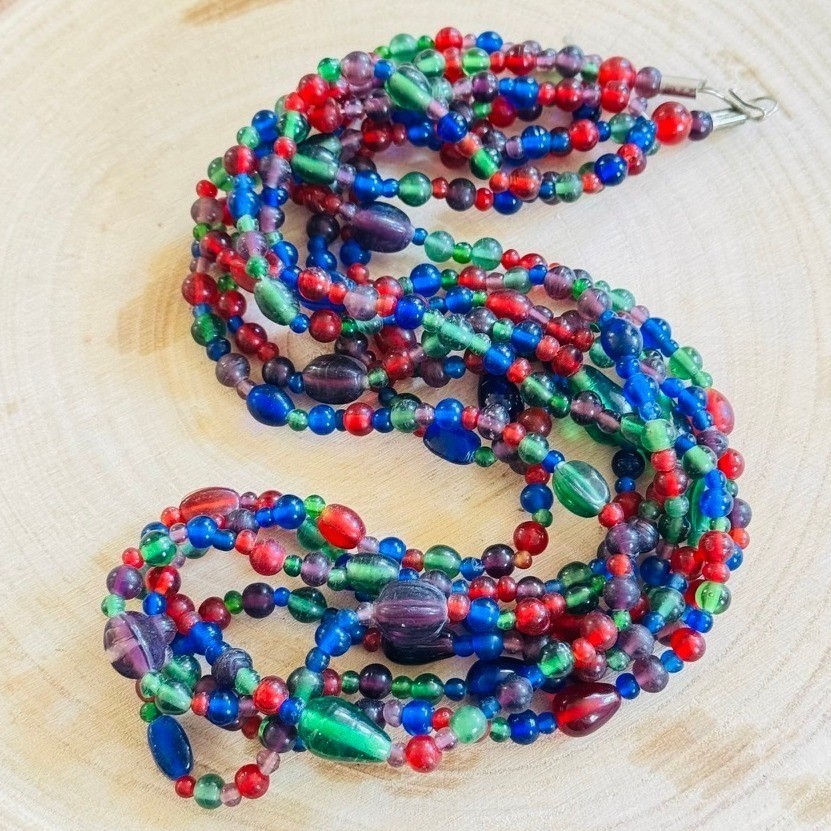 VTG BOHO Necklace Blue purple poured Retro Glass beaded Multi Statement 28″