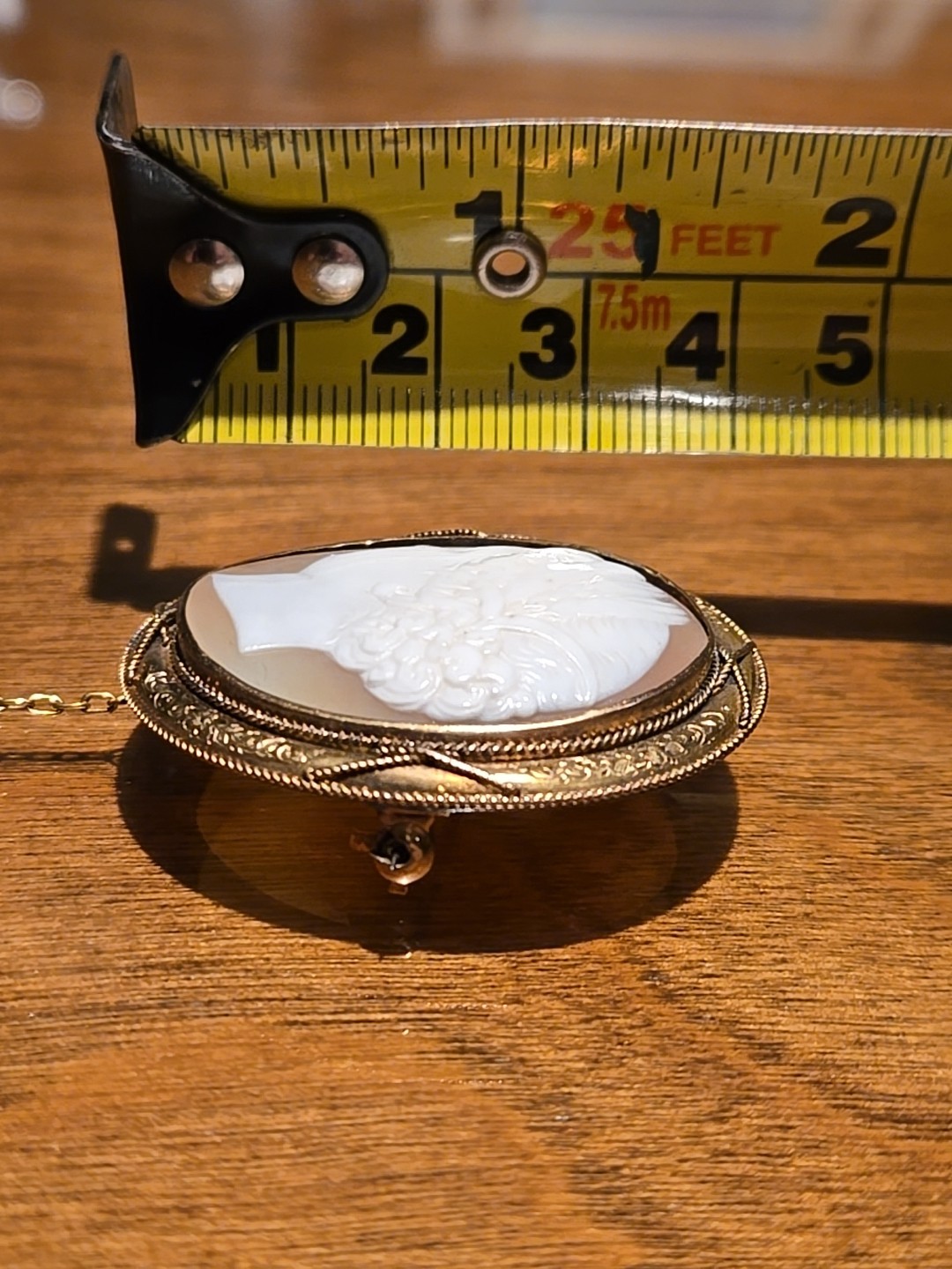 Antique Edwardian Cameo Brooch Gold-Filled Hand Carved Clasp Safety Chain