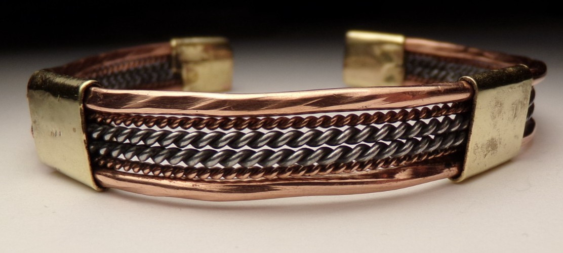 VTG MCM COPPER BRASS STERLING SILVER MIXED METAL ARTIST CRUDE CUFF MENS BRACELET