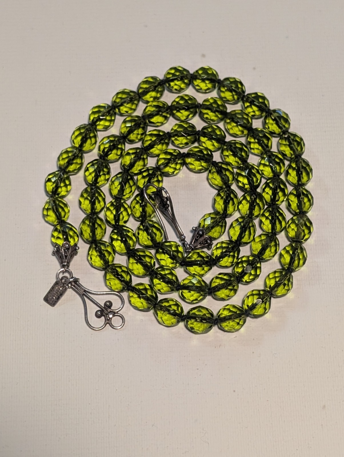 16″ Vtg Green Glass Beaded Necklace Flower Clasp Morocco