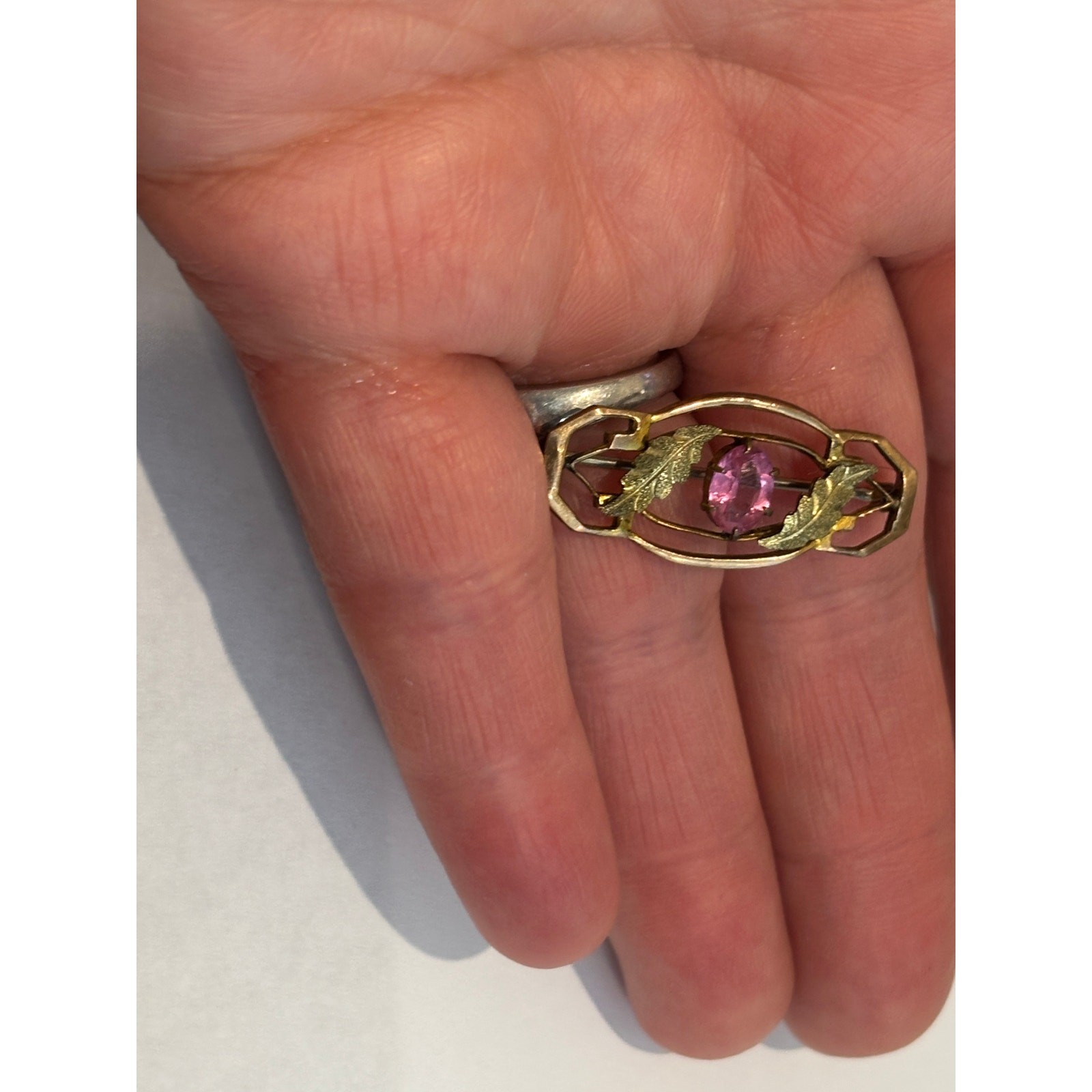 Antique Brooch Pin Gold Wash Pink Glass