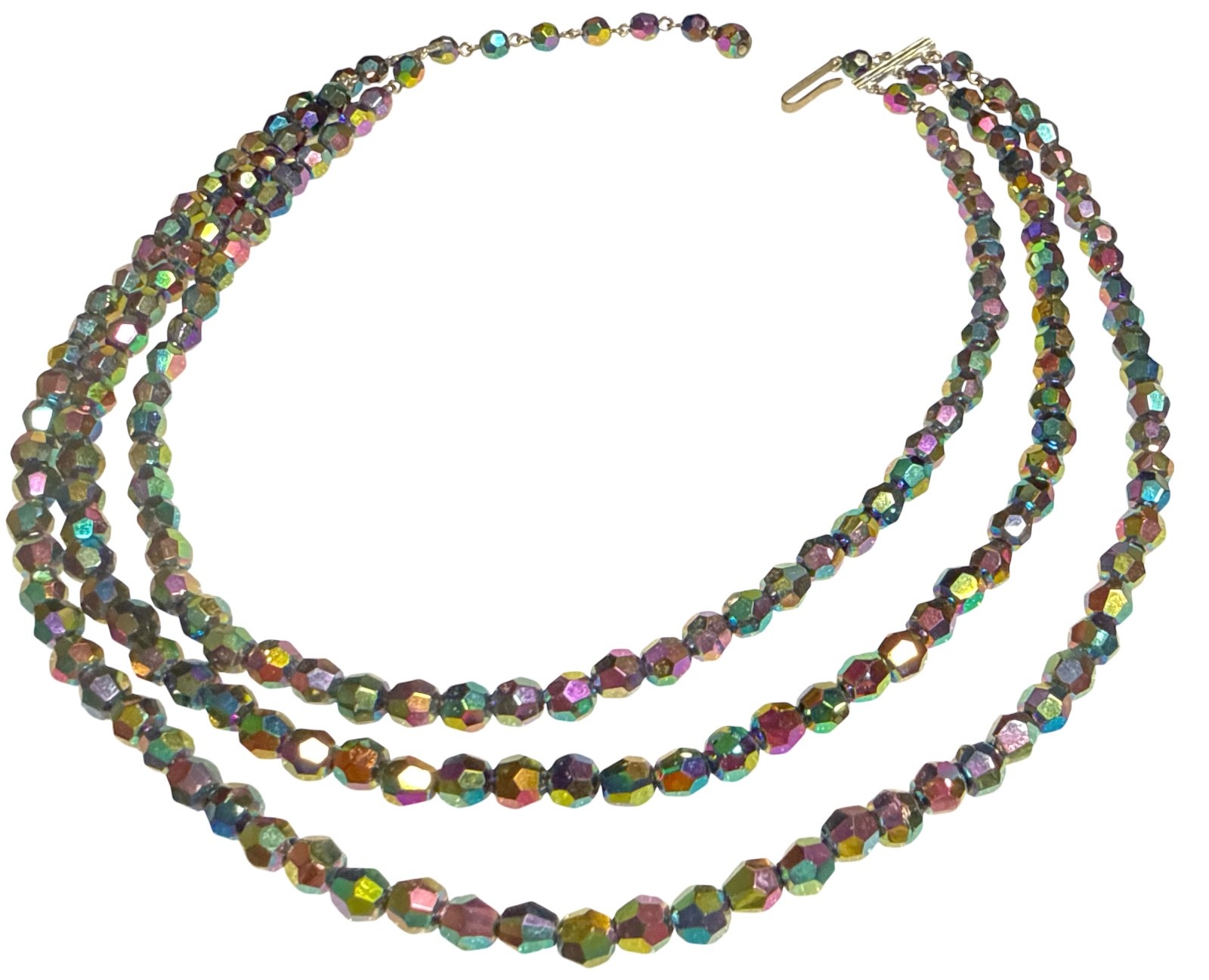 Vintage Carnival Glass Bead Necklace Three Strand Made in W. Germany 15″-17″ EUC