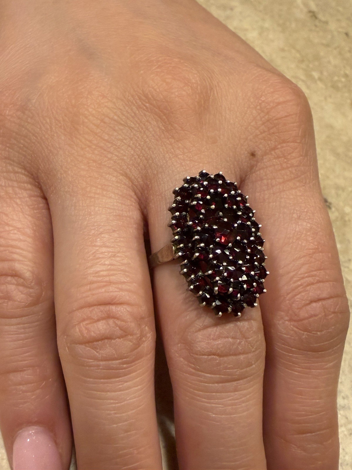 Czech Antique Edwardian 900 Silver Bohemian Garnet Tiered Cluster Ring Sz7.25