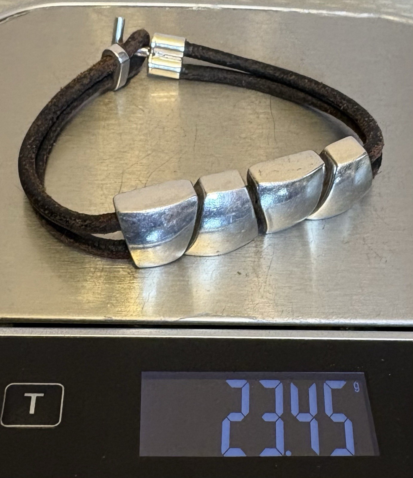 925 Taxco Mexico Modernist Sterling Silver Chunk Bracelet Leather Cord Toggle