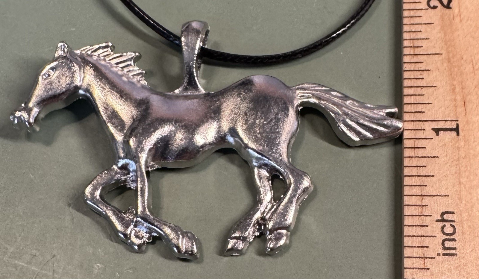 Vintage Silvertone Mustang Galloping Running Horse Pendant On Cord Necklace