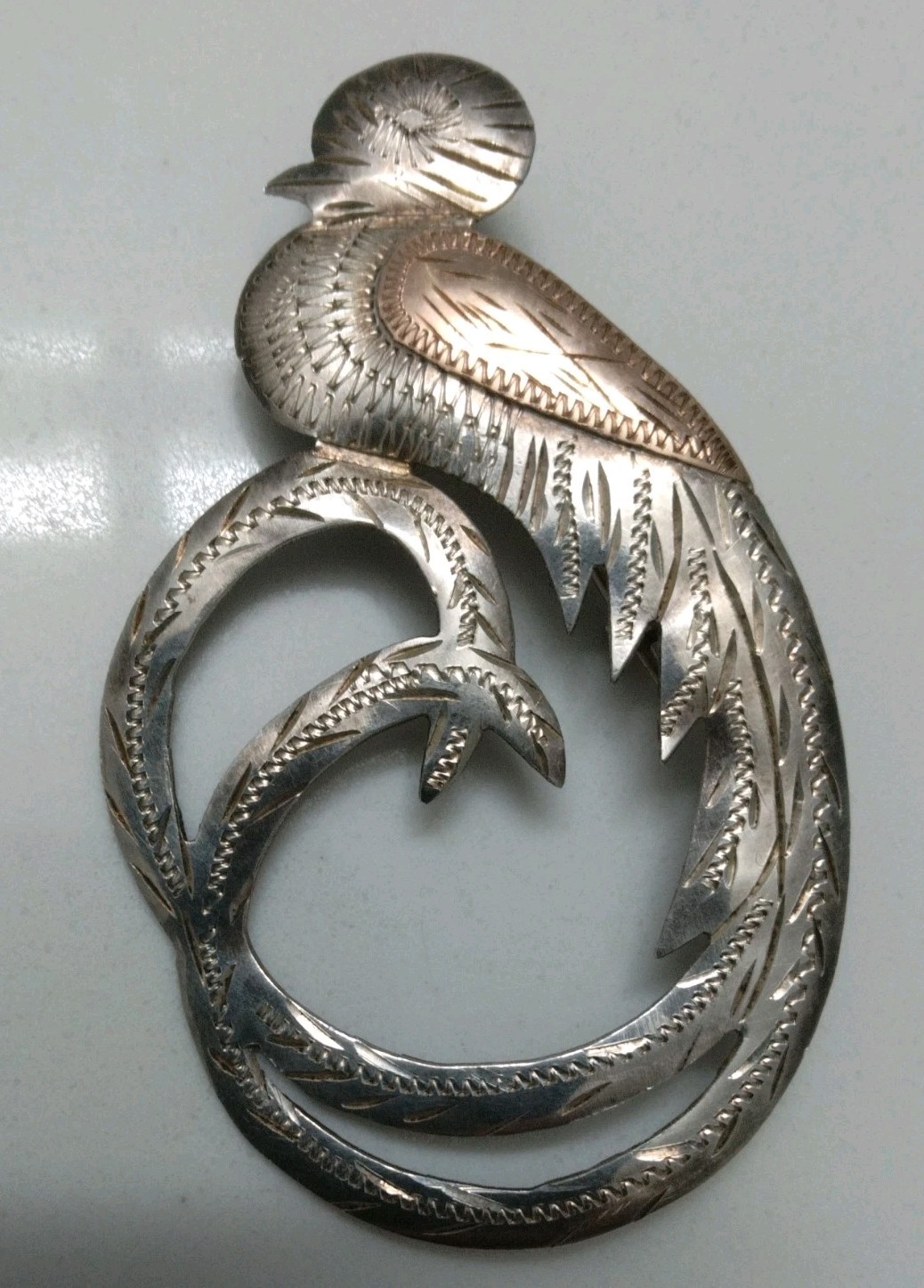 Vintage 800 Silver Aztec Guatemala Quetzal Coatl Etched Pheasant Bird Pin Brooch