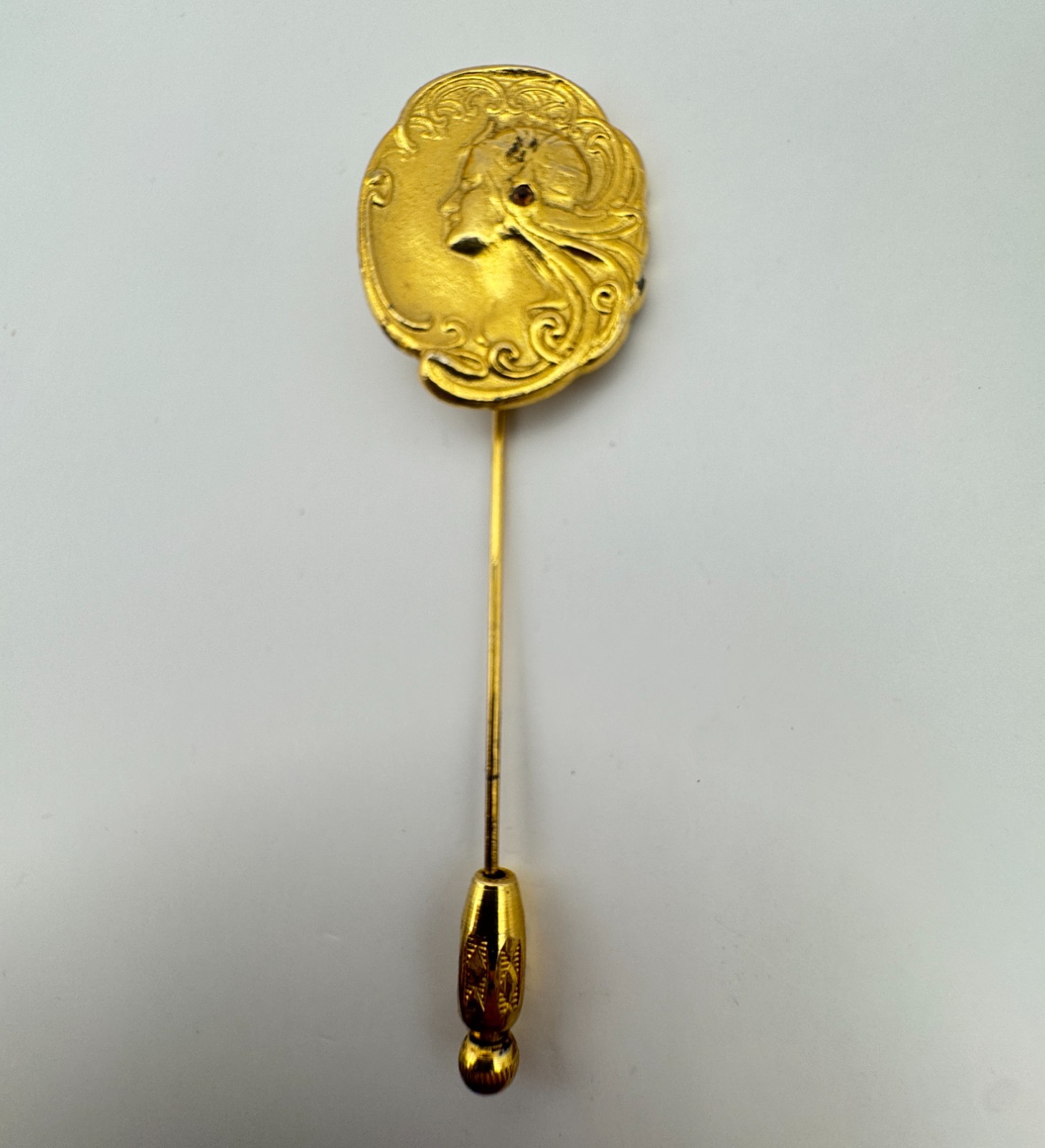 Vintage Art Nouveau Stick Pin Lady Gold Tone Portrait with Stone