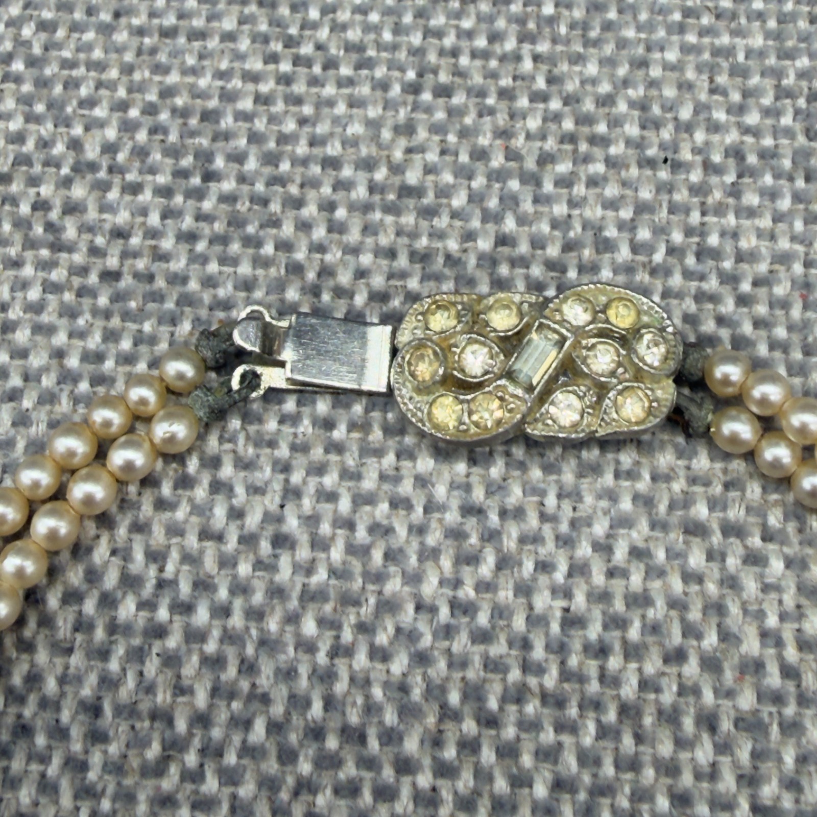 Vintage Art Deco Pearl Necklace Double Strand Box Clasp Rhinestones 17 Inches