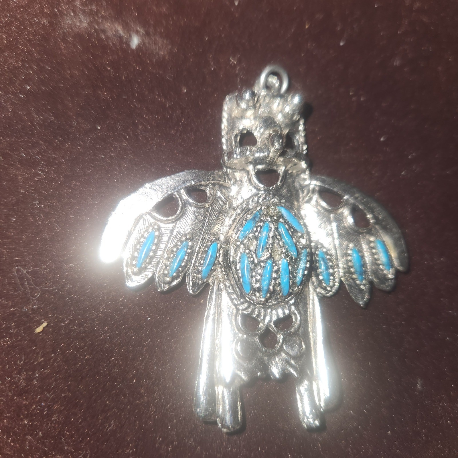 Vintage Native American Style Thunderbird Pendant Silver Tone stone Inlay Bird