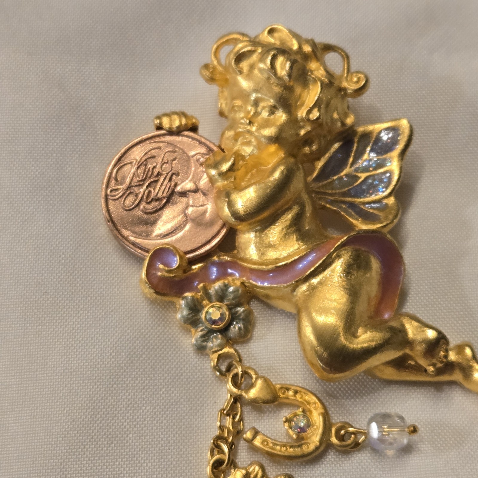 Vtg Kirks Folly Signed Lucky Penny Cherub Angel Rhinestone Gold Tone Brooch