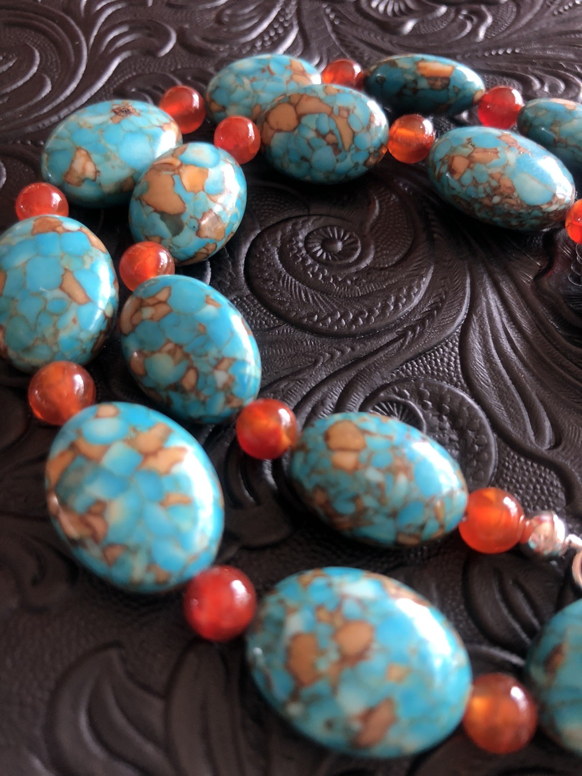 Mosaic Turquoise Beads, Natural Orange Agate Beads 18” Necklace, 925 Clasp