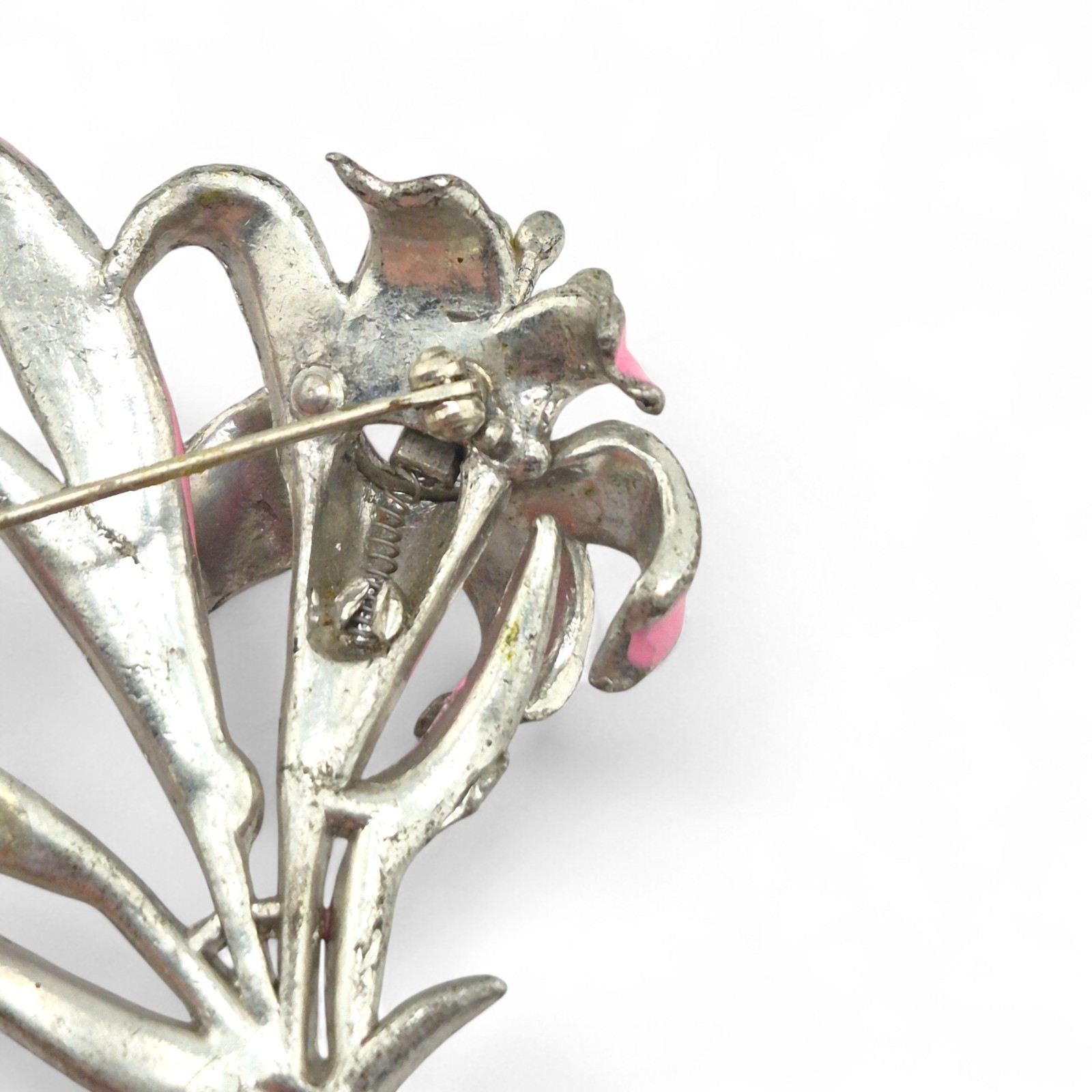 Vintage Coro Trembler Brooch Pink Lily Flower Enamel & Rhinestone Unsigned 3.3in