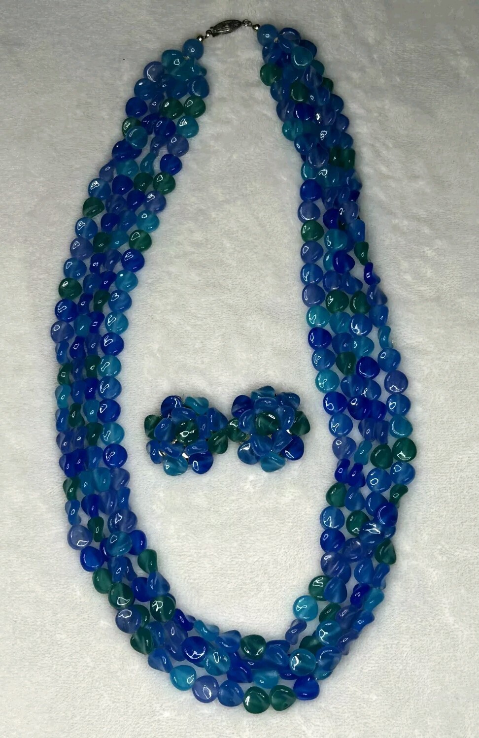 MCM Necklace And Earrings Blue And Green Clustered Lucite Clip Ons Vintage