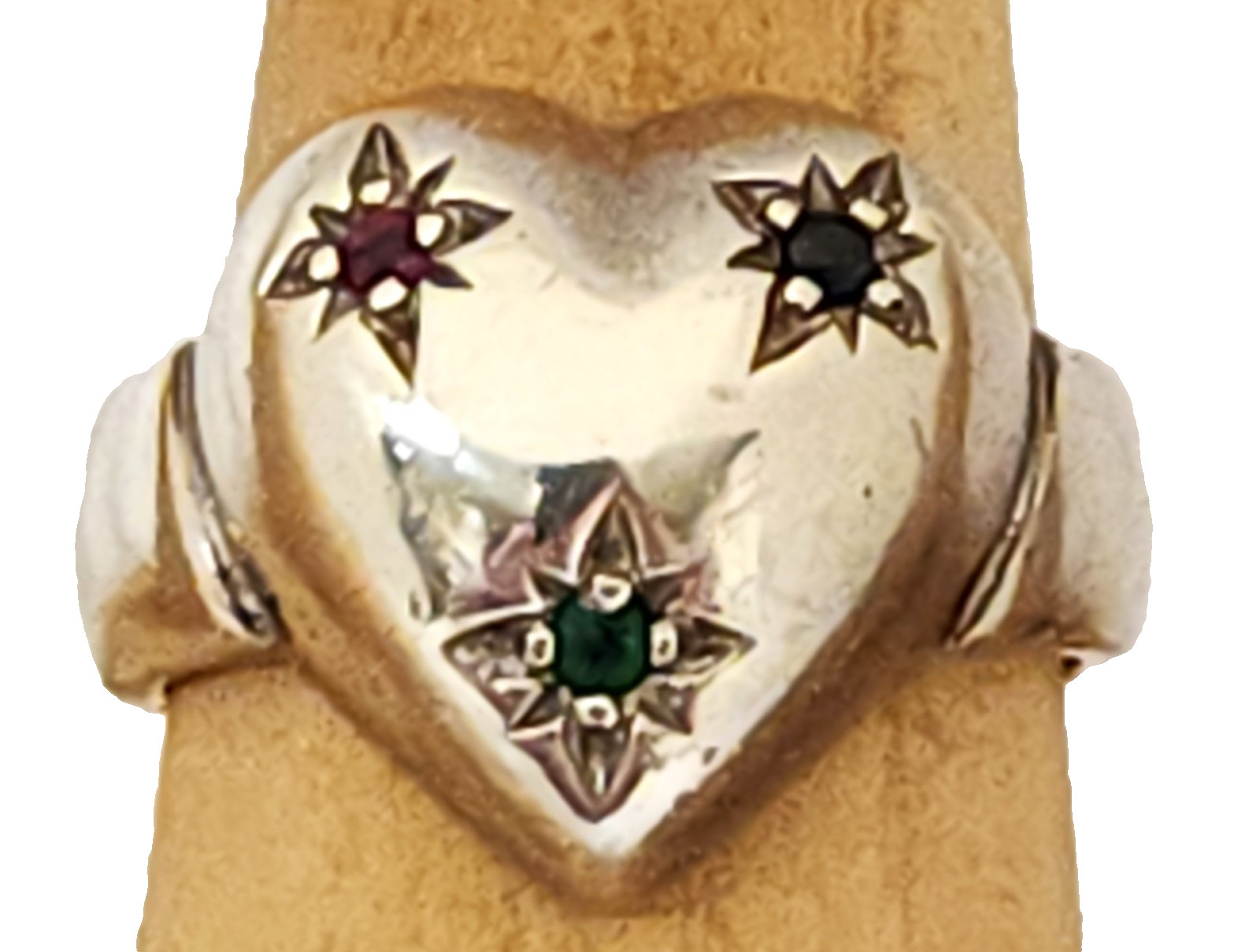 Sterling Silver Puffy Heart Star Set Genuine Ruby Sapphire Emerald Ring 6.5
