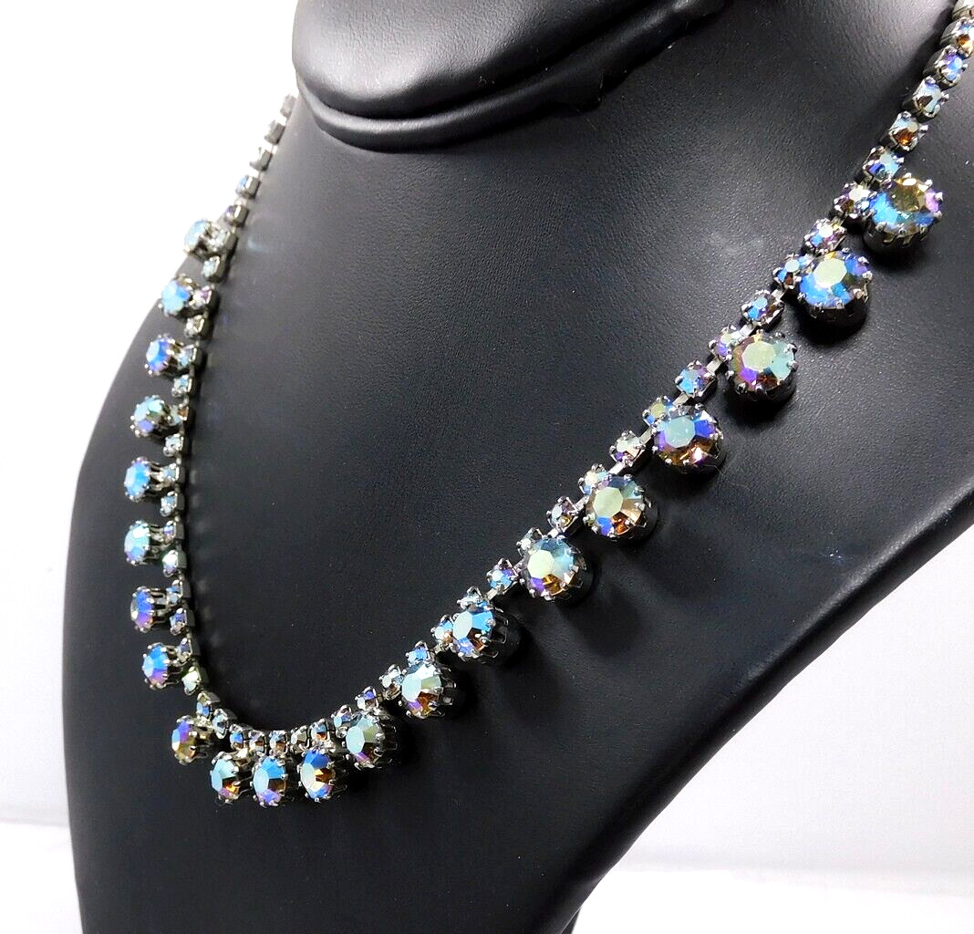 Vintage Vibrant Peacock Blue Violet Prong Set AB Rhinestone Necklace Adjustable