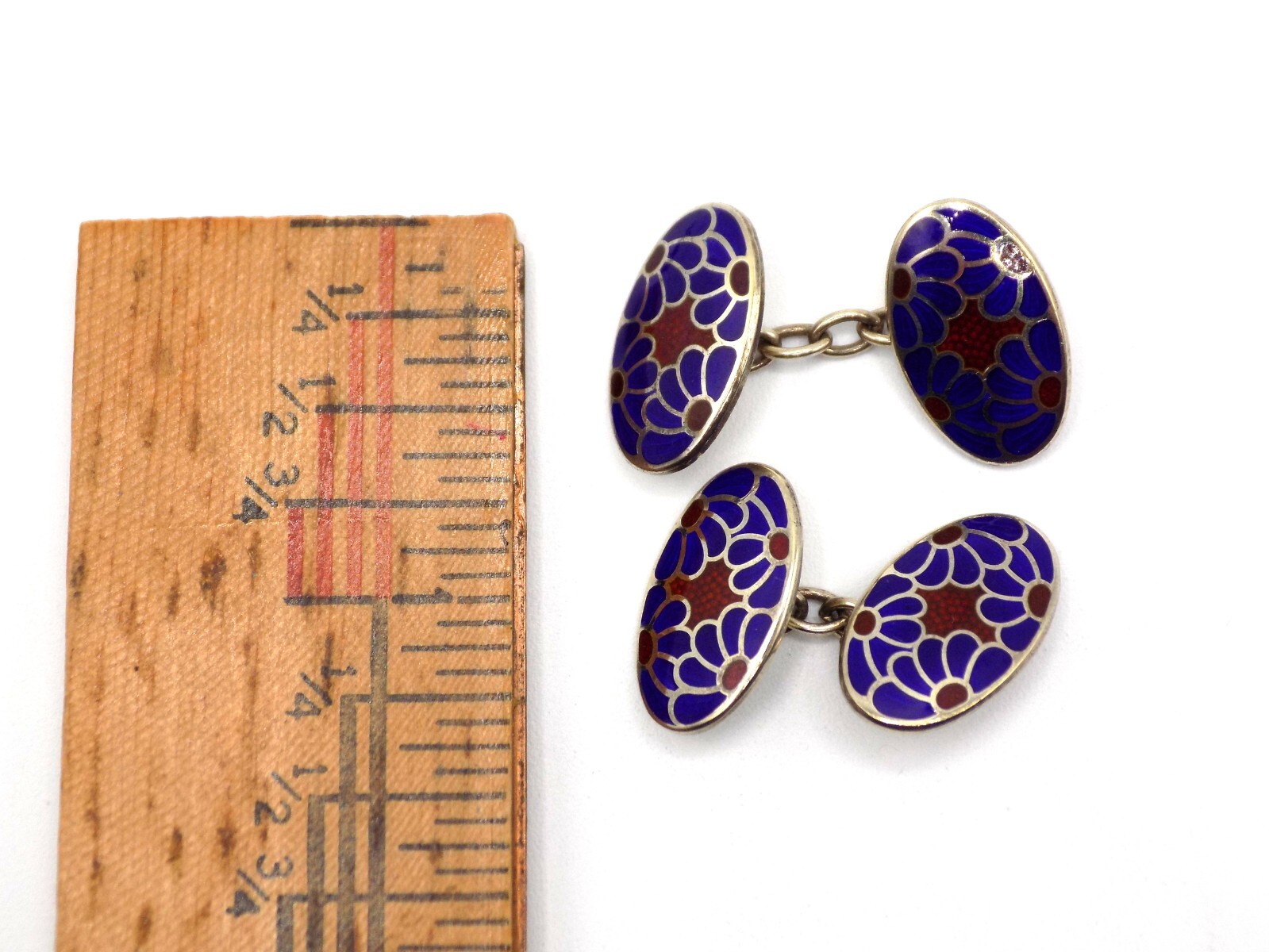VINTAGE STERLING SILVER ENAMEL GUILLOCHE ENGLAND H & V HEWETT & VOLLER CUFFLINKS