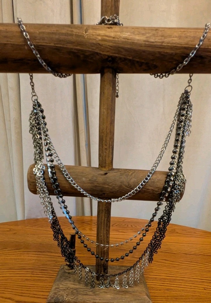 VTG Rock Punk Gothic 4 Layers Blk, Silver, Rhinestone, Fringe, Chain necklace