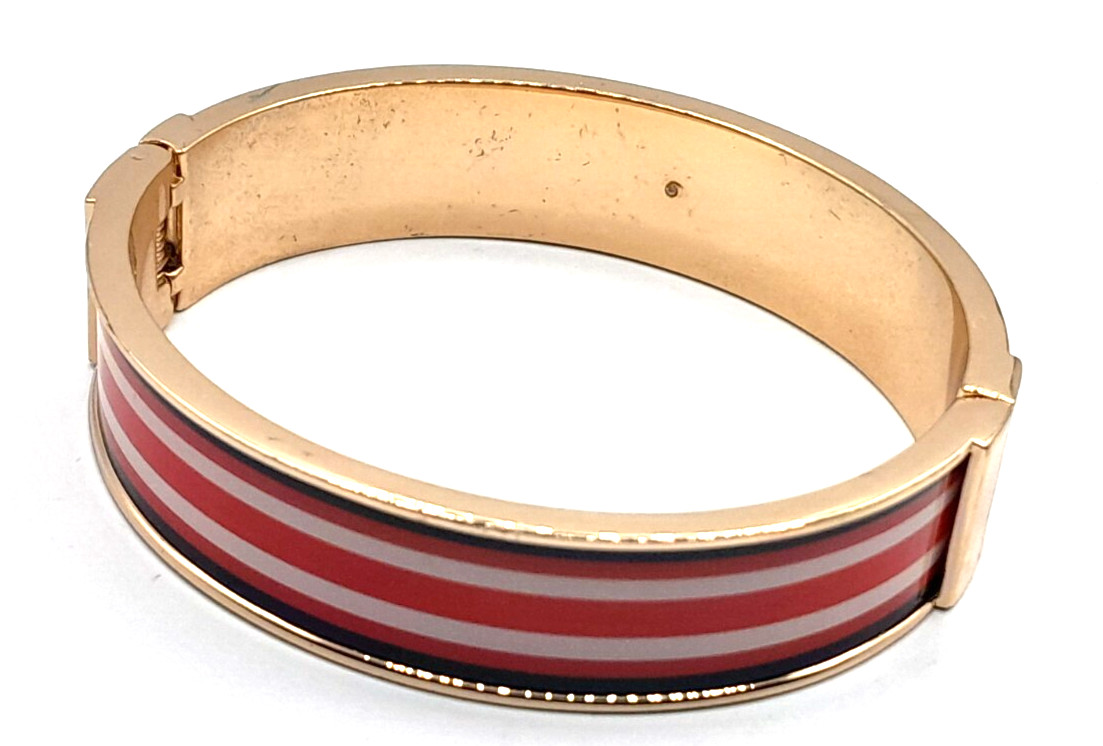 VINTAGE 90’s RED WHITE & BLACK ENAMELED GOLD TONE METAL BANGLE CLAMPER BRACELET