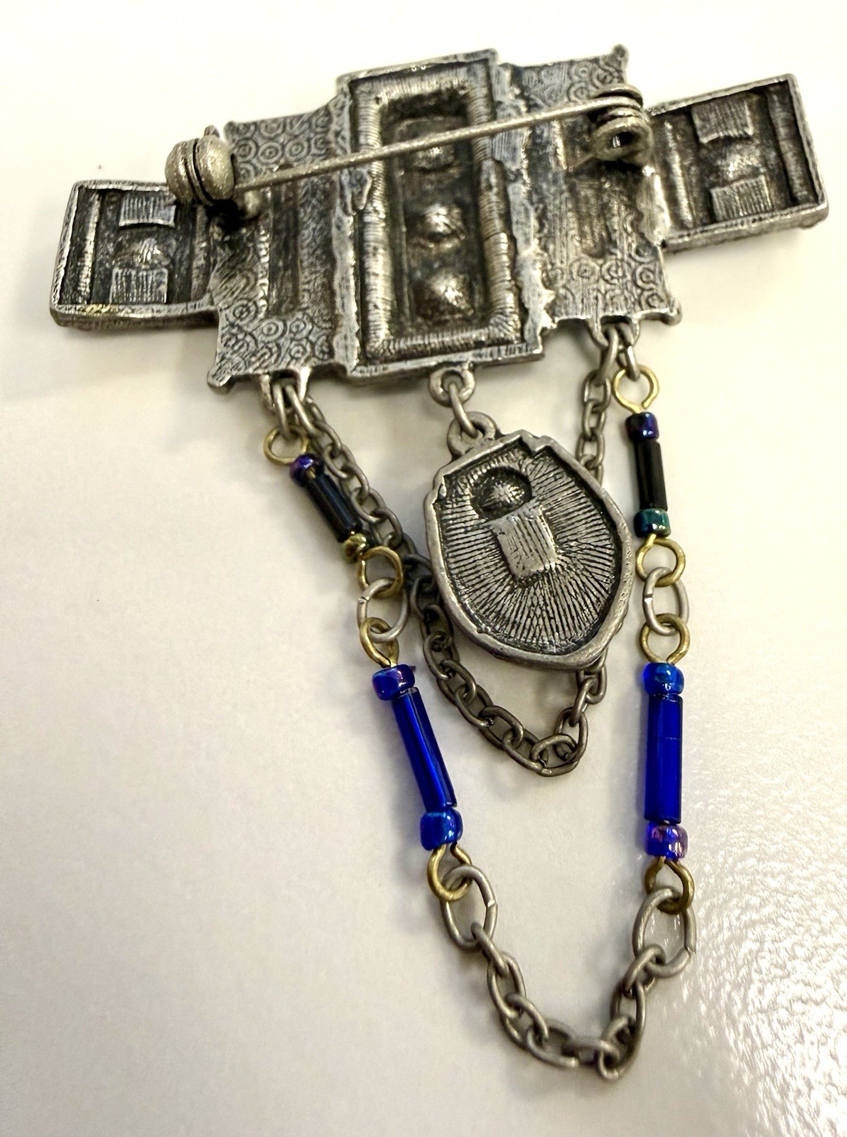 Artisan Statement Brooch Pin Blue Glass Bead Chain Dangle Egyptian Deco Revival