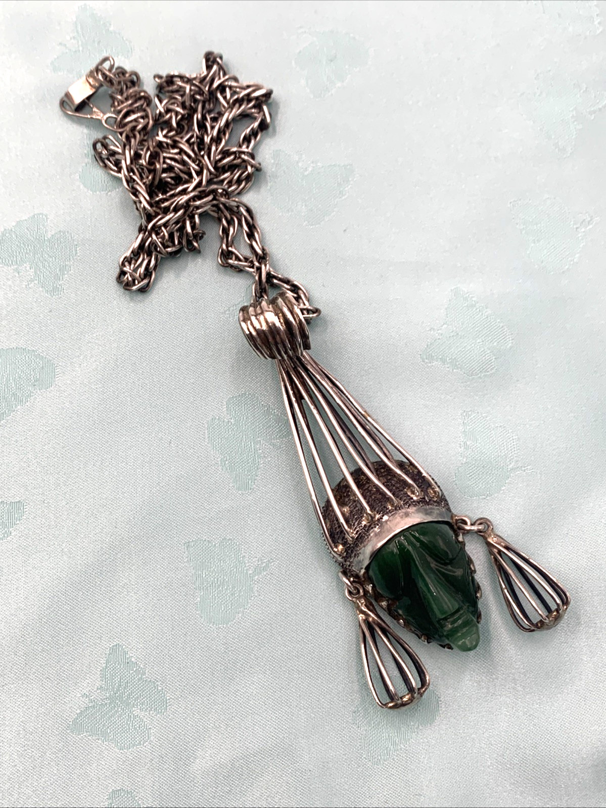 Vintage Sterling Silver and Green Onyx Mexican Mask Pendant & 28″ Necklace 73g
