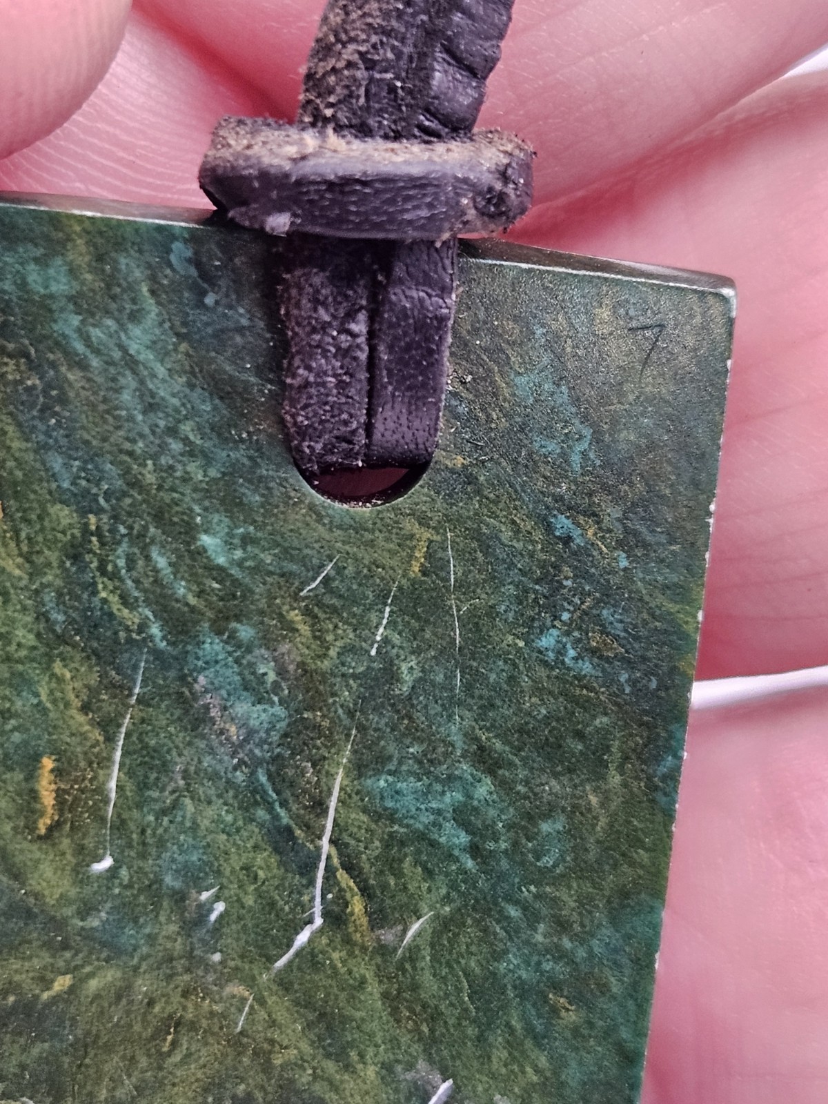 Vintage Carved Green Stone Pendant Leather Cord Necklace