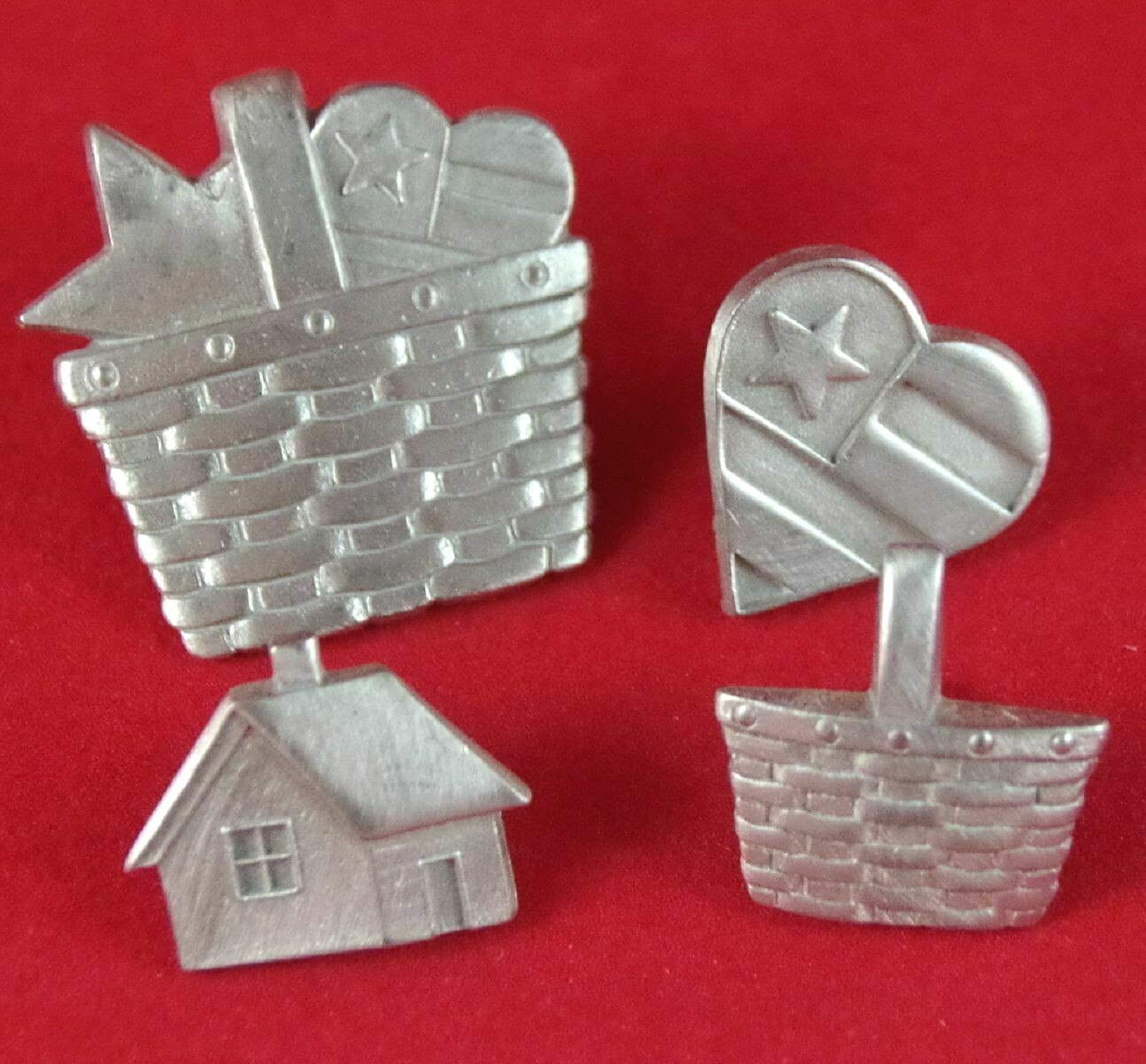 Lot 2 NOS VTG FINE PEWTER PICNIC BASKET, SET 3 HOUSE FLAG HEART BROOCH LAPEL PIN