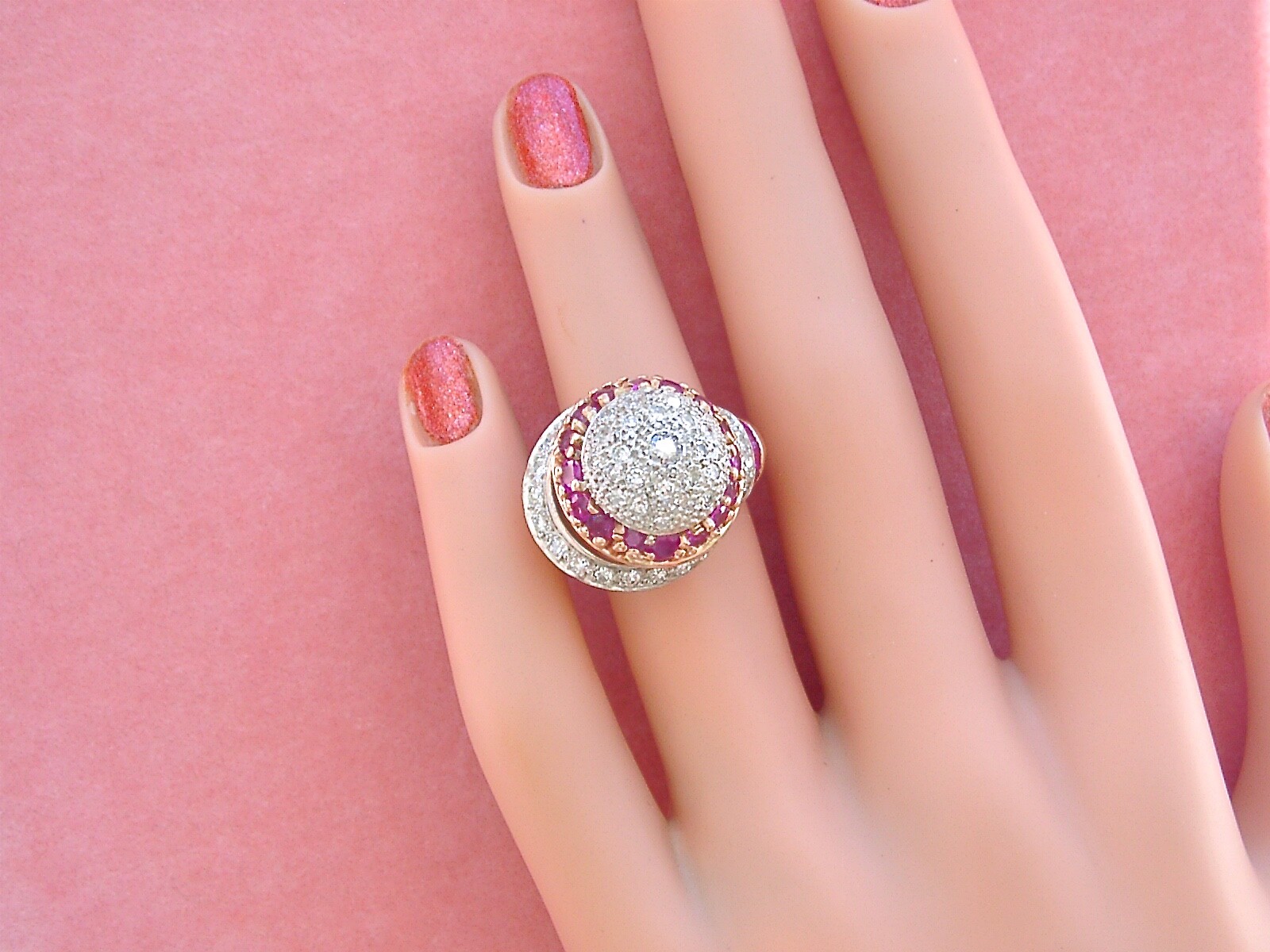 VINTAGE RETRO 1.38ctw DIAMOND 1.23ctw RUBY ATOMIC SPACE COCKTAIL PINKY RING 1940