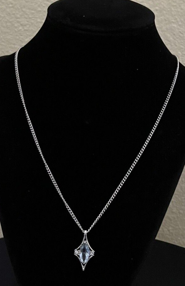 Avon 1976 Crystal Palace Silver Tone Necklace Light Blue Clear Rhinestones 20″