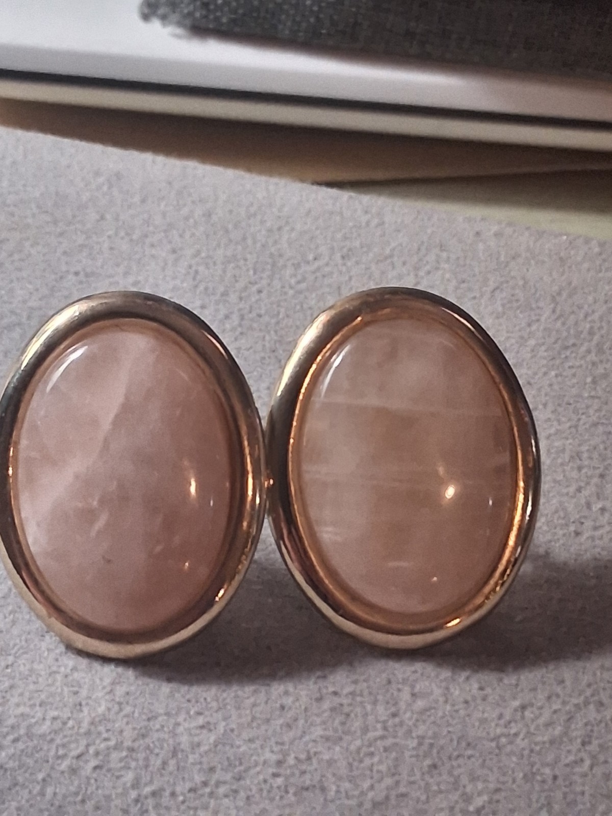 Rose quartz oval cabochon gold plated vintage earrings