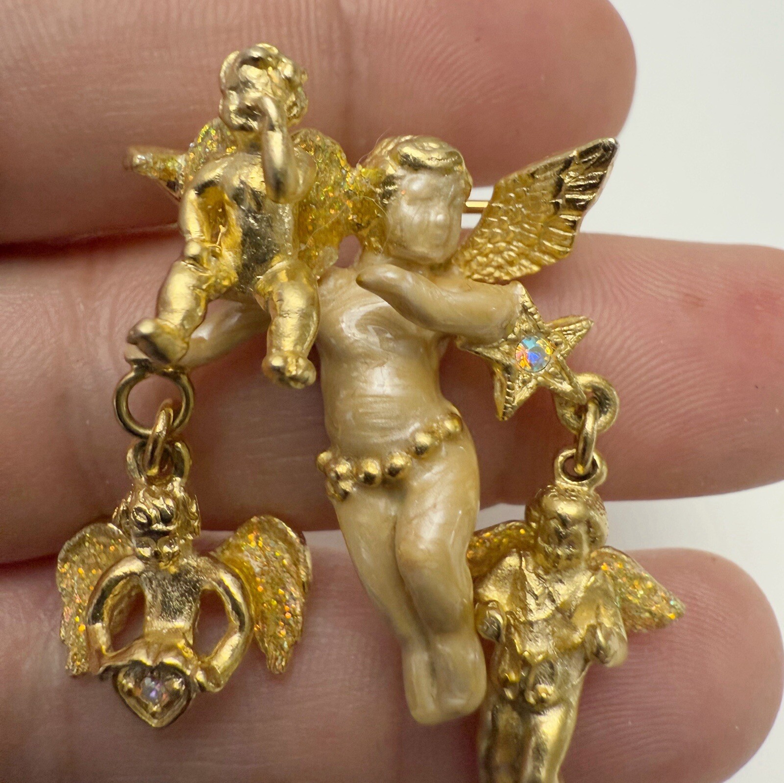Vintage Kirks Folly Enamel Rhinestone Cherub Angel Dangle Goldtone Brooch Pin