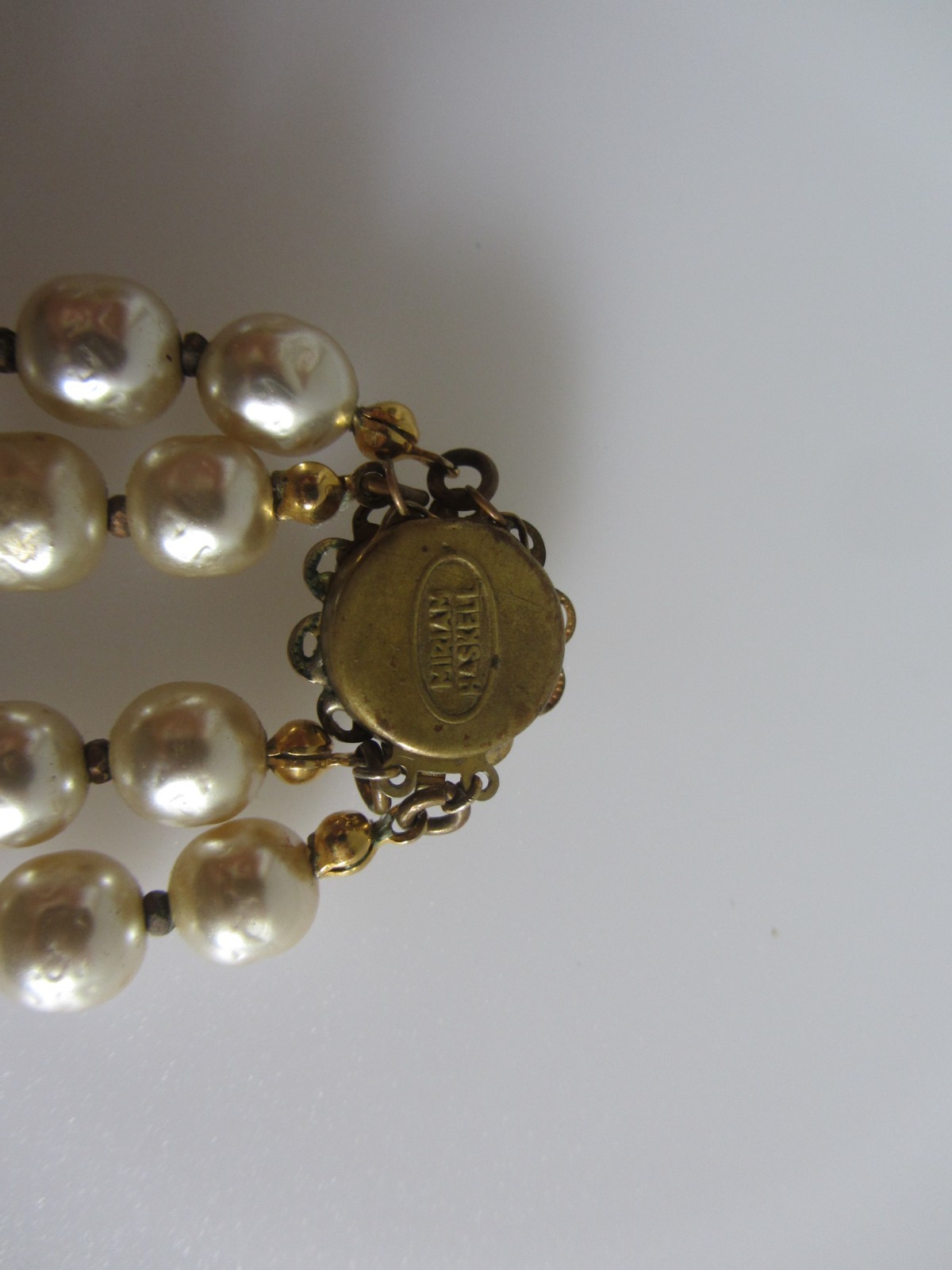 Vintage Signed Miriam Haskell Double Strand Pearl Necklace with Ornate Leaf Pend