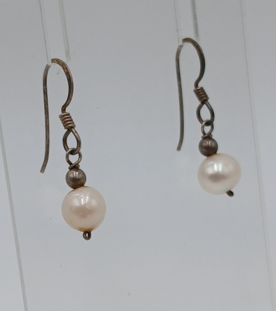 VTG 7mm Pearl Dangle Earrings 1in Drop Sterling Silver French Wire 1.43g Estate
