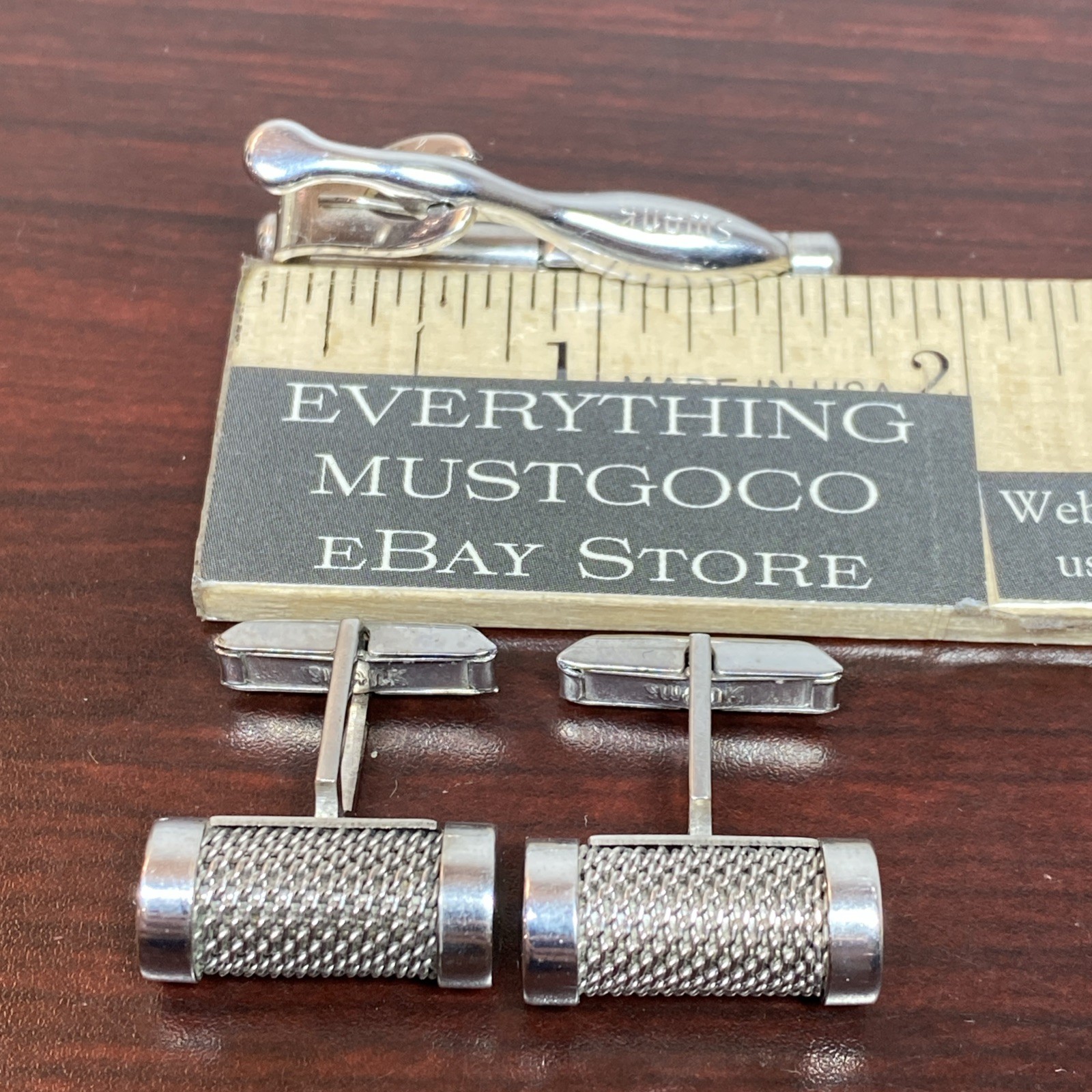 Vtg Round MESH Swank Cuff Links Tie Clip Bar Set (LOOKS LIKE A RETRO MICROPHONE)