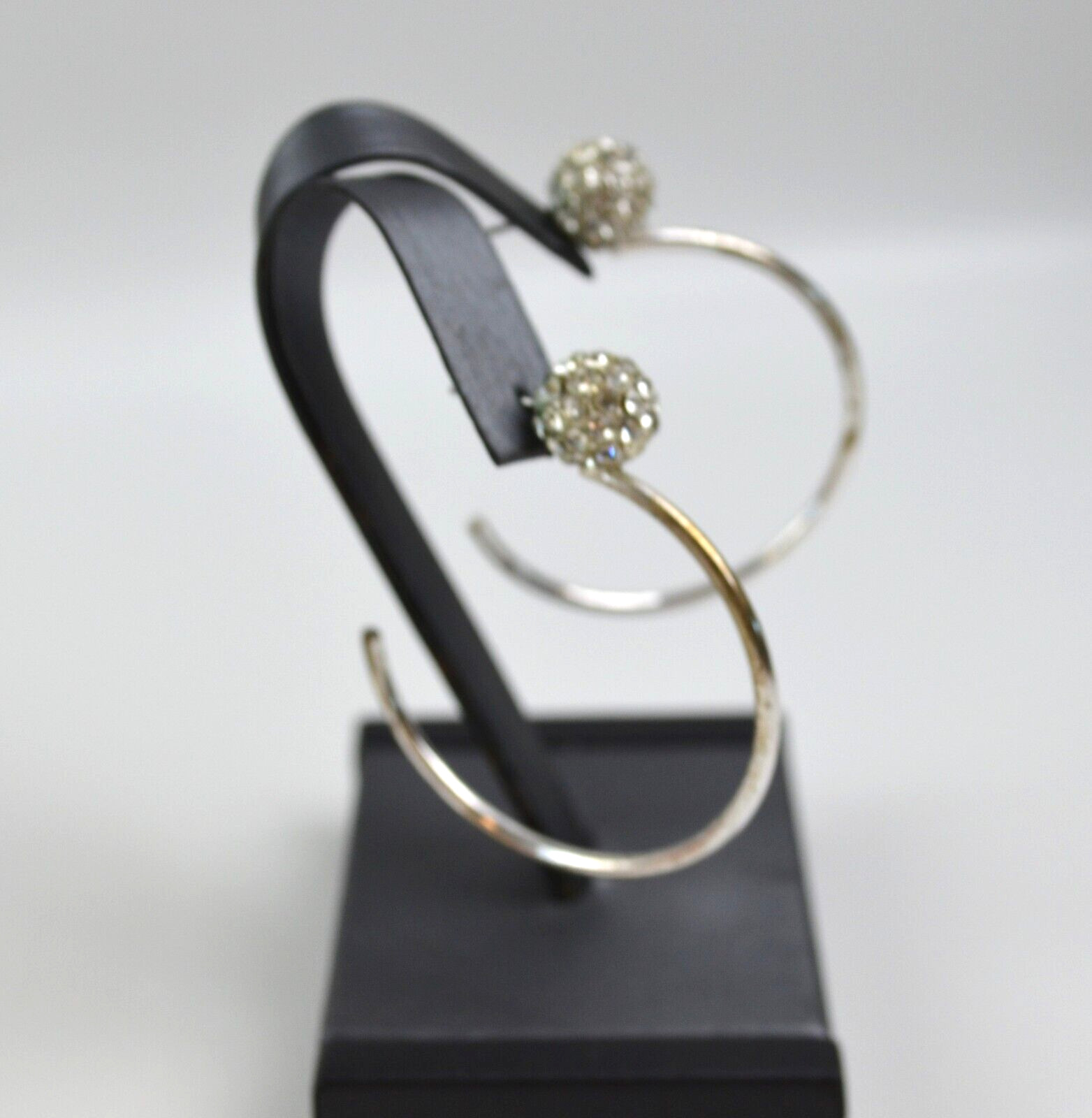 Silver Tone Hoop Pierced Earrings w/ Clear Rhinestoned Sphere 1 .75″ Across