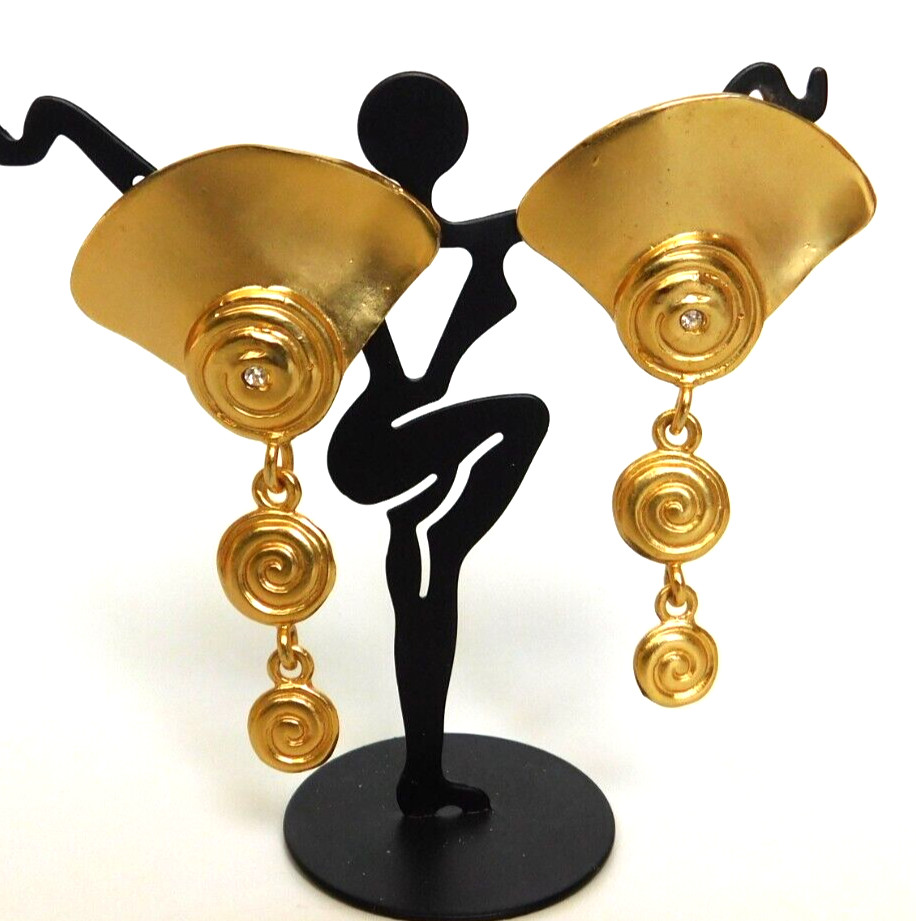 Vintage 1980’s Matte Gold Fan Linking Dangle Pierced Earrings Rhinestone