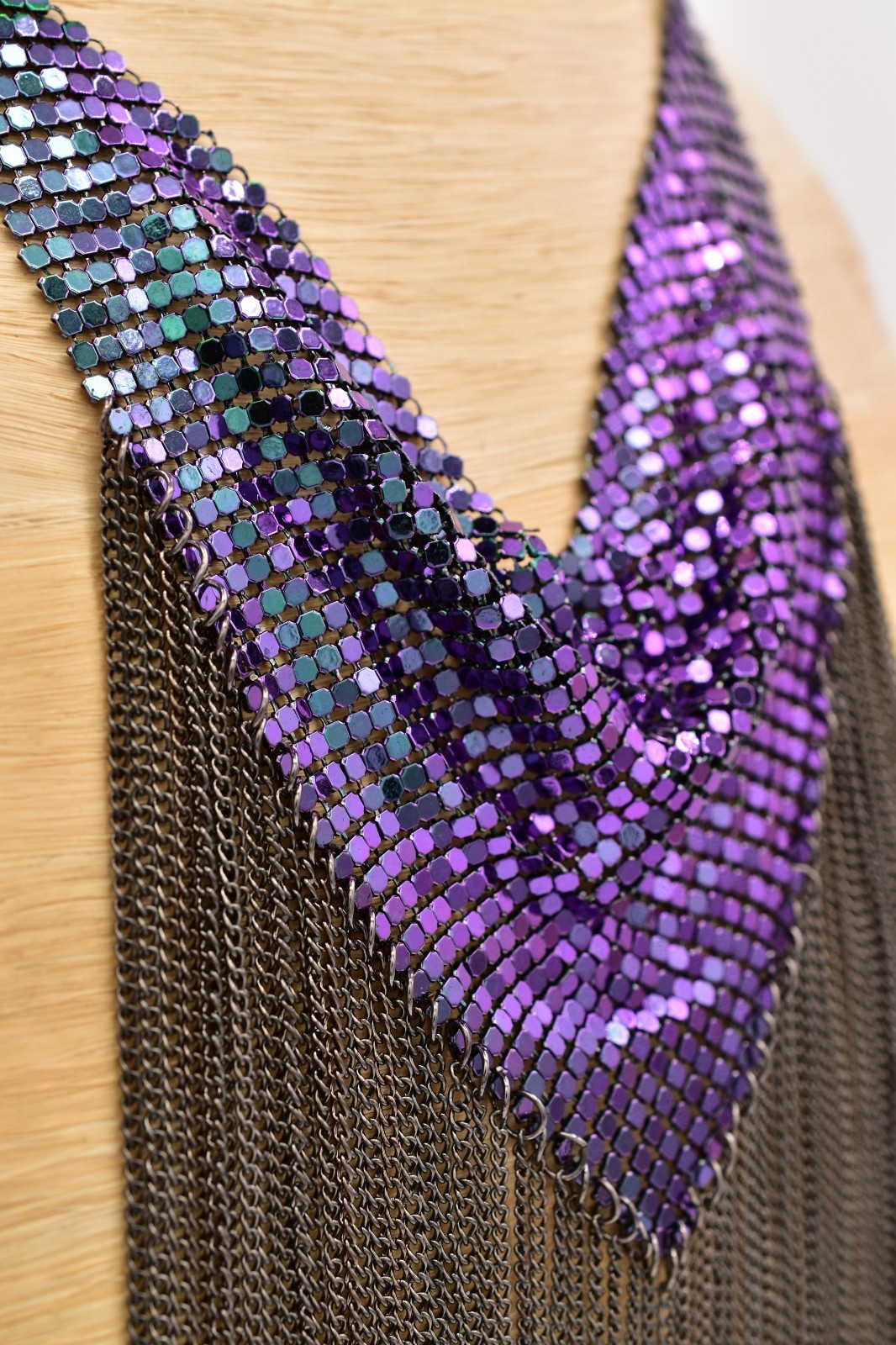 Vintage Purple Iridescent Mesh Fringe Bib Necklace Gunmetal Chainmail 70s BinBC
