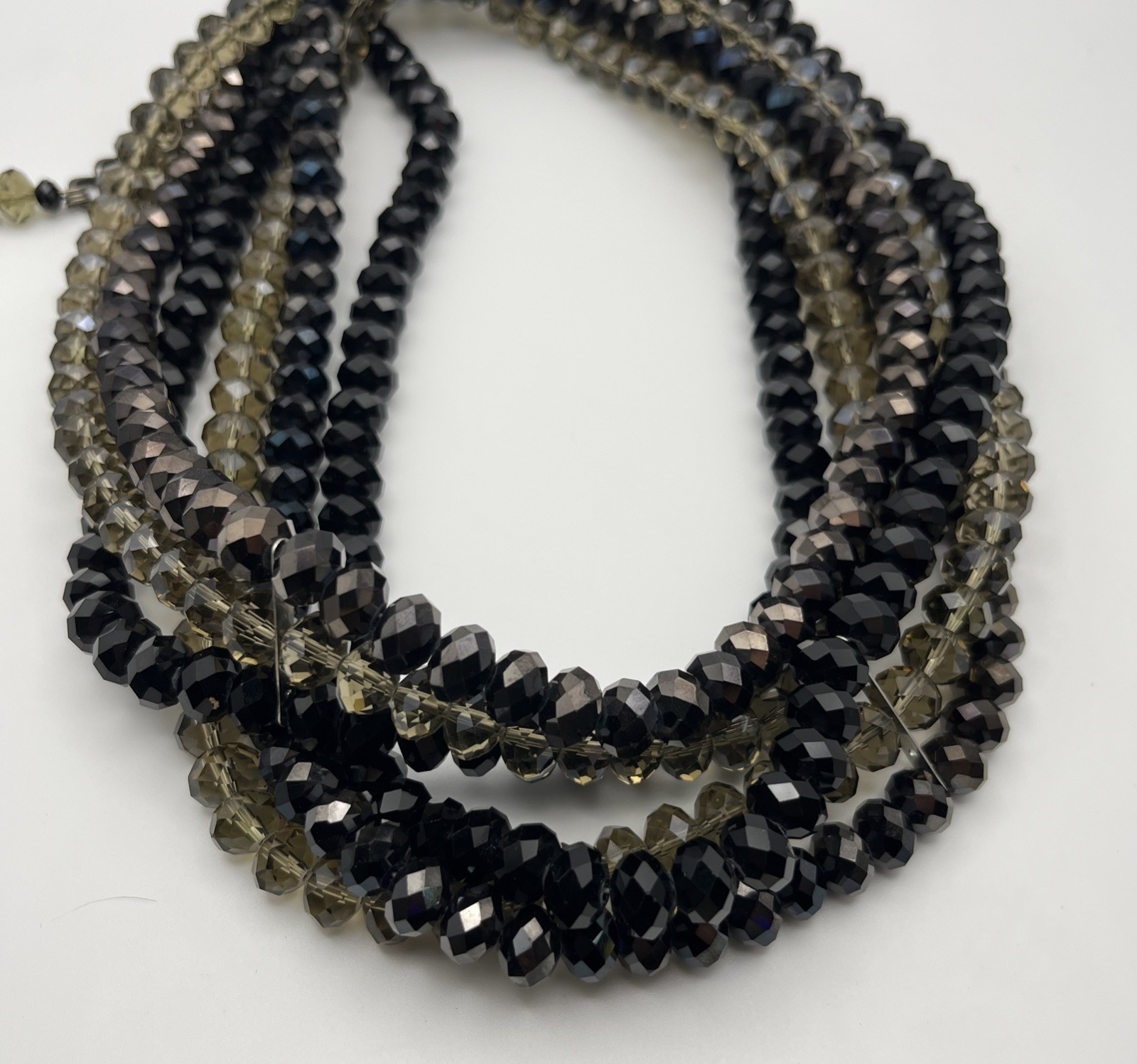 Faceted Beaded Statement Necklace Multi Strand Black Bronze Beige 40″